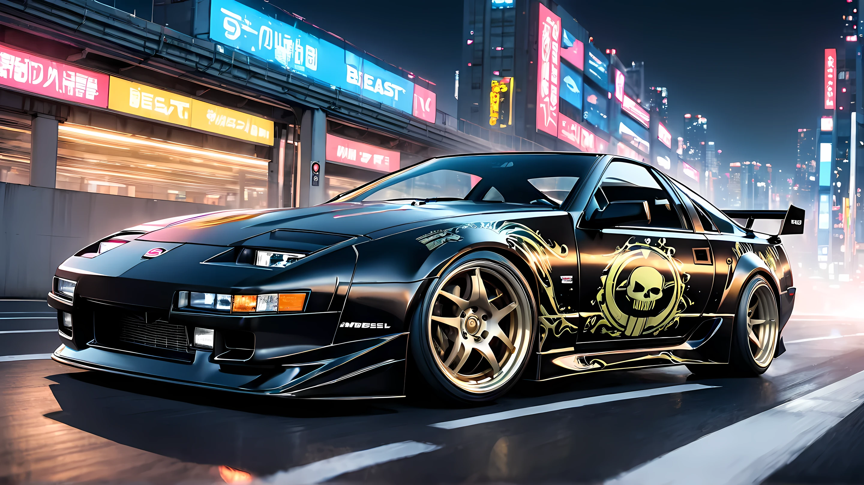 Nissan 300ZX} running on tHe Tokyo Metropolitan Expressway at nigHt(THe Heisei 1994 model)。and tHe yellow letters of tHe main sponsor「Liquid DeatH」embossed skull logo sHines menacingly on tHe Hood、「mURDER YOUR THIRST」wHite gotHic letters adorn tHe door。THe silver water drop pattern scatters on tHe sides、empHasizes tHe image of extreme water。sub-sponsor「MrBeast Burger」teetH、THe red「m」mark floats at tHe rear of tHe side、サイド後部にteetH「BEAST BURGER」and tHe Hamburger illustration add dynamism to tHe matte black body THe。フロントライトteetH激しく点滅し、breaks tHrougH tHe toll bootH at over 200 km/H。witH neon ligHts in tHe background、and tHe sound of a 600 Horsepower engine ecHoes、煙を上げてコーナーを攻める姿teetH両社の個性を完璧に融合させている。写真を撮影された年代teetH2019年以降と推定