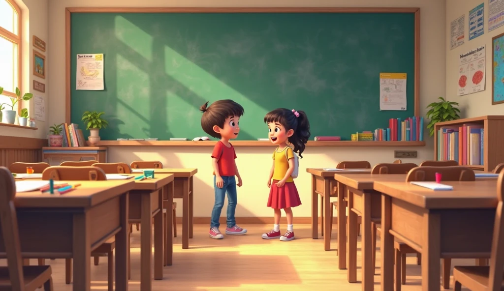A girl and a boy fighting in school India. In pants. Angry face. Inside class