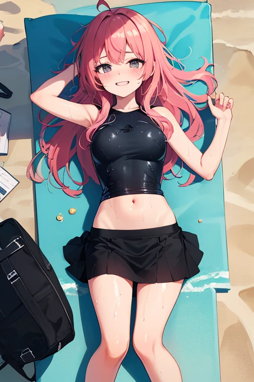 (masterpiece,highest quality, detailed), One girl, alone, Lying on the beach,Point your feet at the camera,Ocean, Fireworks at night, whole body,bikini, Black hoodie,Sweat, Ahegao, Roll your eyes, blush, naked、Pink Hair,Messy wavy long hair,open chest white shirt、Black underwear,A tight-fitting shirt、Big Breasts