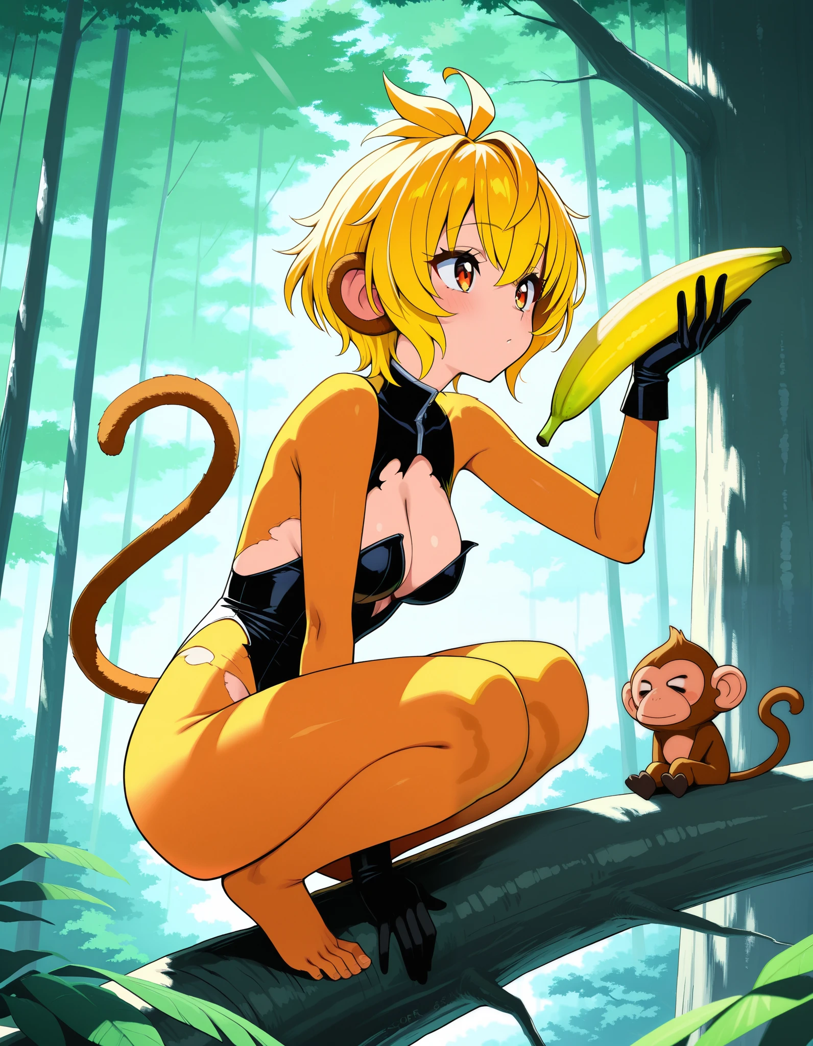 score_9, score_8_up, score_7_up, score_6_up, score_5_up, score_4_up, Anime, (masterpiece), best quality, expressive eyes, beautiful stunning, ape girl holding a banana, treetop, squatting on a tree branch, ripped leotard, banana colors, deep jungle canopy, top of tree, Tarzan girl, monkey ears, monkey tail, , extreme CMYK colors, (ultra HD), (high res), bunch of bananas,