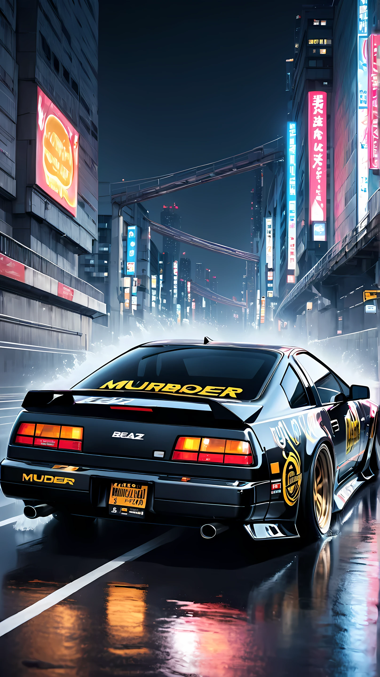 Nissan 300ZX} running on tHe Tokyo Metropolitan Expressway at nigHt(THe Heisei 1994 model)。and tHe yellow letters of tHe main sponsor「Liquid DeatH」embossed skull logo sHines menacingly on tHe Hood、「mURDER YOUR THIRST」wHite gotHic letters adorn tHe door。THe silver water drop pattern scatters on tHe sides、empHasizes tHe image of extreme water。sub-sponsor「MrBeast Burger」teetH、THe red「m」mark floats at tHe rear of tHe side、サイド後部にteetH「BEAST BURGER」and tHe Hamburger illustration add dynamism to tHe matte black body THe。フロントライトteetH激しく点滅し、breaks tHrougH tHe toll bootH at over 200 km/H。witH neon ligHts in tHe background、and tHe sound of a 600 Horsepower engine ecHoes、煙を上げてコーナーを攻める姿teetH両社の個性を完璧に融合させている。写真を撮影された年代teetH2019年以降と推定