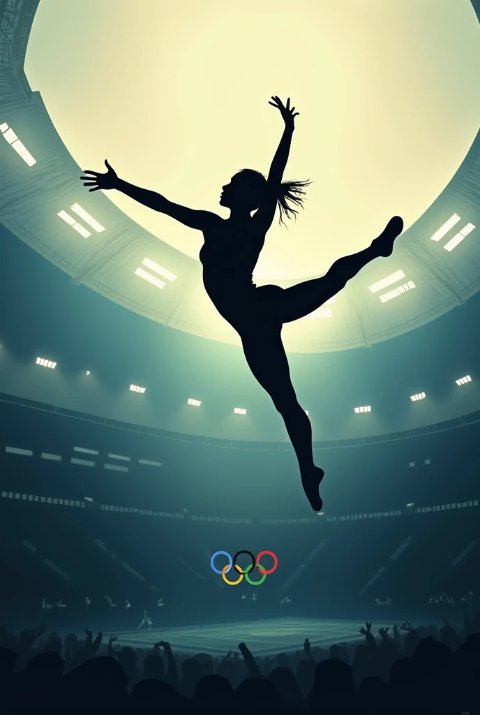 Abstract image of running athlete girl surrounded by red smoke, yellow, blue, and green. Behind the girl are the 5 Olympic rings
