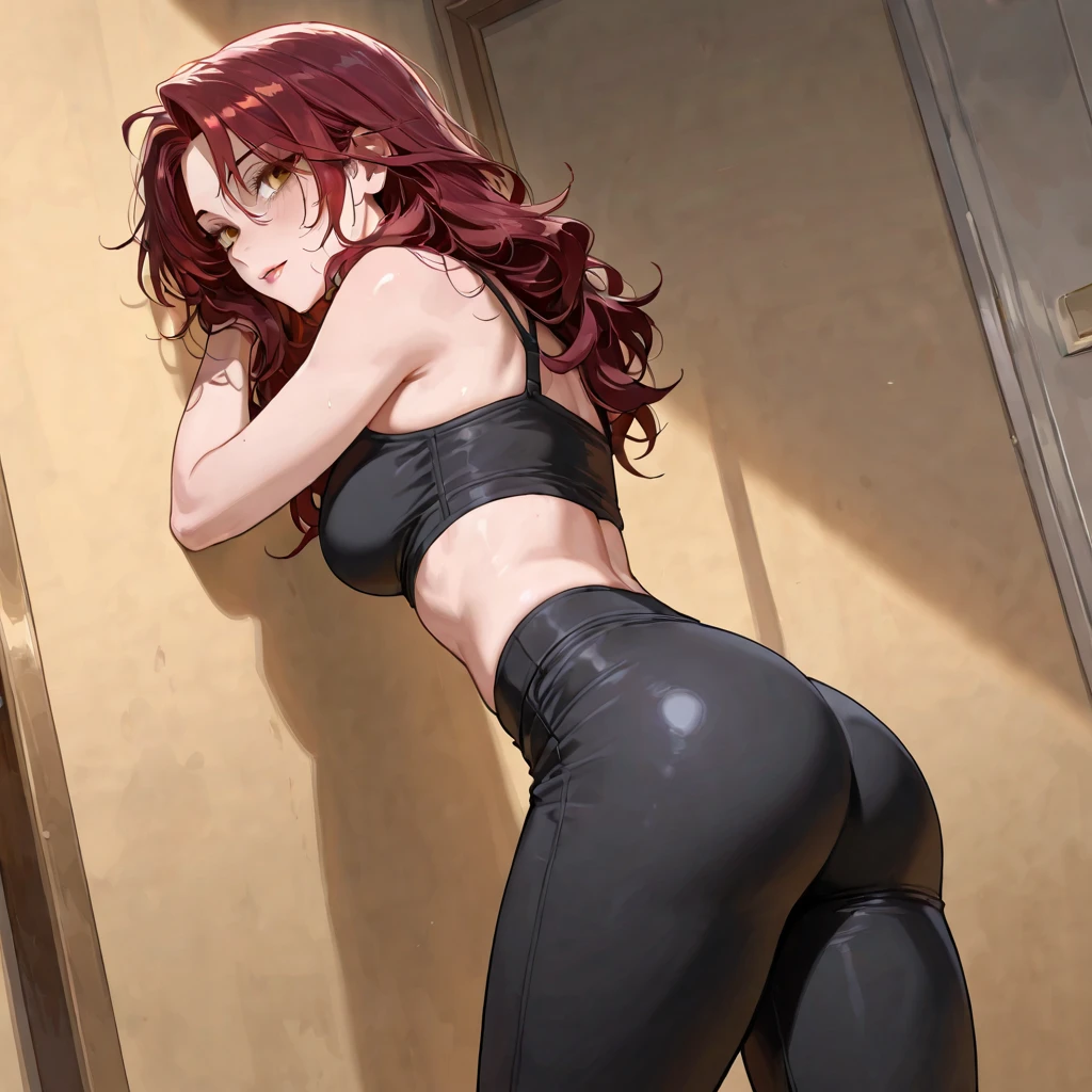 ultra-detailed、highest quality、Highest image quality、master piece、8K、Red curly hair、(SFW huge body)、(((Rear view)))、cowboy shot、wearing a thong