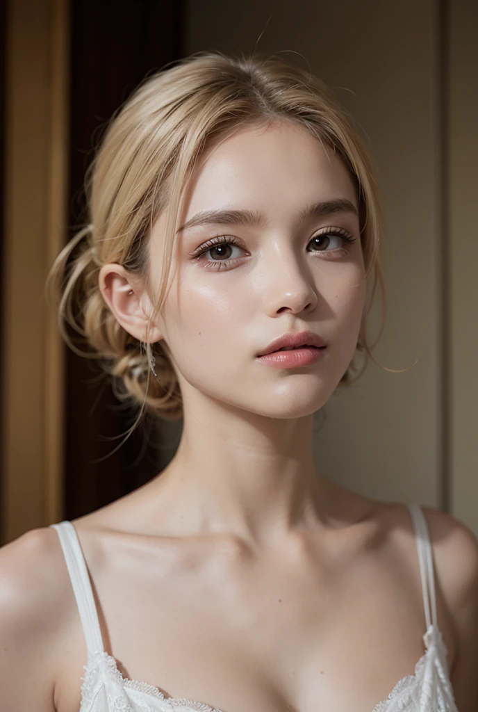 ((Best quality, 8k, Masterpiece :1.3)), Sharp focus :1.2, Perfect body beauty: 1.4, Slim abs: 1.2, ((chignon blonde hair, small breasts: 1.2)), (Natural light), crimson lace brassiere, highly detailed facial and skin textures, detailed eyes, double eyelids, (((Dynamic Angle)))