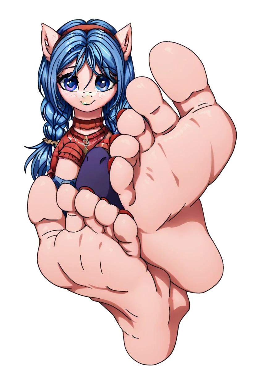 , score_9, score_8_up, score_7_up, score_6_up, score_5_up, score_4_up, rating_safe, earth pony, Mita, light pink body, long blue hair and mane, braided into pigtails, wears a peach sweater, a short lavender pleated skirt, blue shoes, red socks, a red headband, blue eyes, earth pony, blue skirt ((cute, little, fuzzy pony, fur)), (high quality, detailed, beautiful), shiny, adorable face, detailed beautiful eyes, diadema, sunlight, realistic, outstanding, countershading, detailed soft lighting, ear fluff, hoof on face, dantegemini_style, foot focus, barefoot, purple toenails, feet, toes, white background