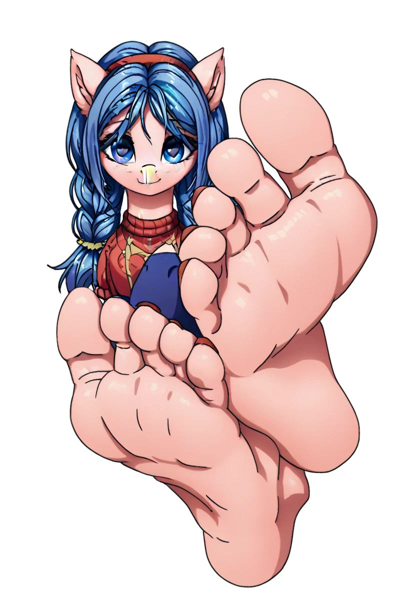 , score_9, score_8_up, score_7_up, score_6_up, score_5_up, score_4_up, rating_safe, earth pony, Mita, light pink body, long blue hair and mane, braided into pigtails, wears a peach sweater, a short lavender pleated skirt, blue shoes, red socks, a red headband, blue eyes, earth pony, blue skirt ((cute, little, fuzzy pony, fur)), (high quality, detailed, beautiful), shiny, adorable face, detailed beautiful eyes, diadema, sunlight, realistic, outstanding, countershading, detailed soft lighting, ear fluff, hoof on face, dantegemini_style, foot focus, barefoot, purple toenails, feet, toes, white background