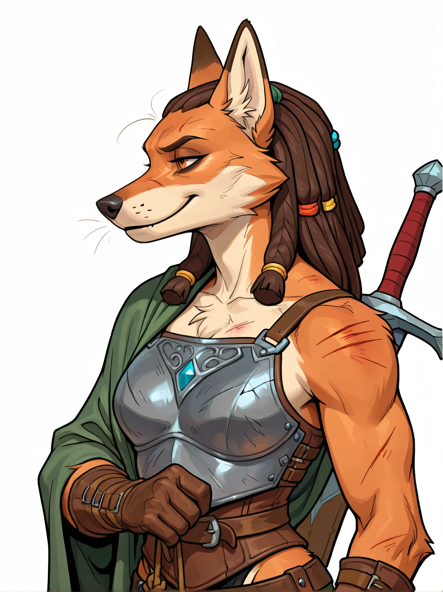 ultradetailed, absurdres, comicbook style, outlines, ((from the side)), upper body, close up, solo, furry, anthro, fox, exhausted but determined, thin and wiry, reddish-orange fur dulled by exhaustion, deep dark circles under tired amber eyes, long rasta-style dreadlocks tied back with thin leather cords, some beads woven into the strands, wearing a lightweight dark brown leather chest plate with scratches and loose straps, a tattered cloak hanging off one shoulder, a small but resolute smirk on his face despite the fatigue, gripping the hilt of a well-worn sword strapped to his back, every movement slow but purposeful, the weight of responsibility pressing on him but never breaking his will, the reluctant hero who keeps going despite everything, ((white background)), fantasy, masterwork, masterpiece, best quality, complex lighting, ((simple background)), (depth)