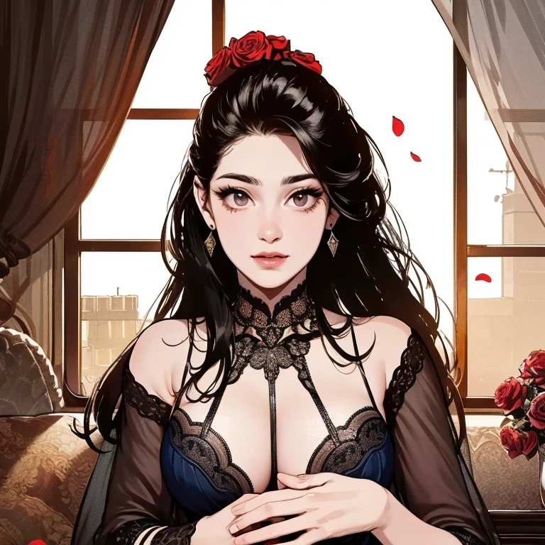 Seven Rhaeyar (Deylta), Ancient Star goddess, Perfect female anatomy (Royalty, Adult Female, 166cm in height, Cool pale skin, slim, slender, 34D breast size, Long Jet Black Hair, Gray Colored Iris , a set of Jet black colored horns on her head), Neutral facial expression, Elegant black uniform dress, female choker accessory with silver complimentary jewelry, dragon motifs, Black rope accessories, Simple Black Background, receiving light from the front, focusing on her face up close, Ethereal glow, Red Rose petals falling, Japanese inspired, Close up view, detailed features, high quality resolution