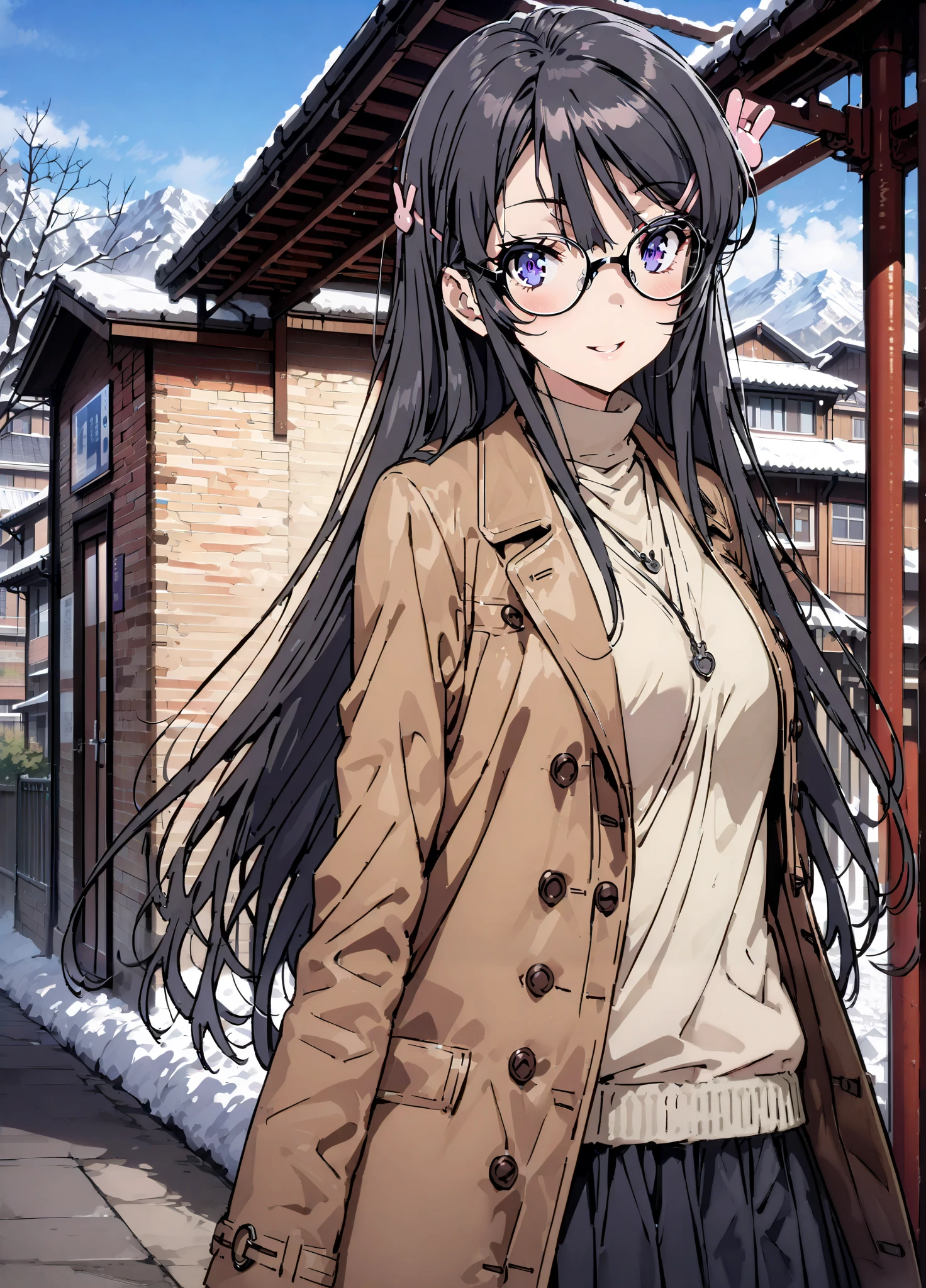 household, Mai Sakurajima , long hair, bungs, black hair,Alone, hair accessories, purple eyes, hair clip for hair, rabbit hair accessories,smile,blush,open your mouth,Glasses, duffle coat,(sweater :1.2),( turtleneck on acher:1.2),long skirt,long skirt,Black Pantyhose,boots,snow,winter,Standing residential area,Beautiful cityscape,,full bodyがillustration for both eyesに入るように,
break looking at viewer,full body,
break outdoors, bus stop,
break (masterpiece:1.2), top quality, High Resolution, Unity 8K Wallpaper , (illustration for both eyes:0.8), (Beautiful Detailed Eyes:1.6), very detailed face, perfect lighting, highly detailed CG, (perfect hand, perfect anatomy),