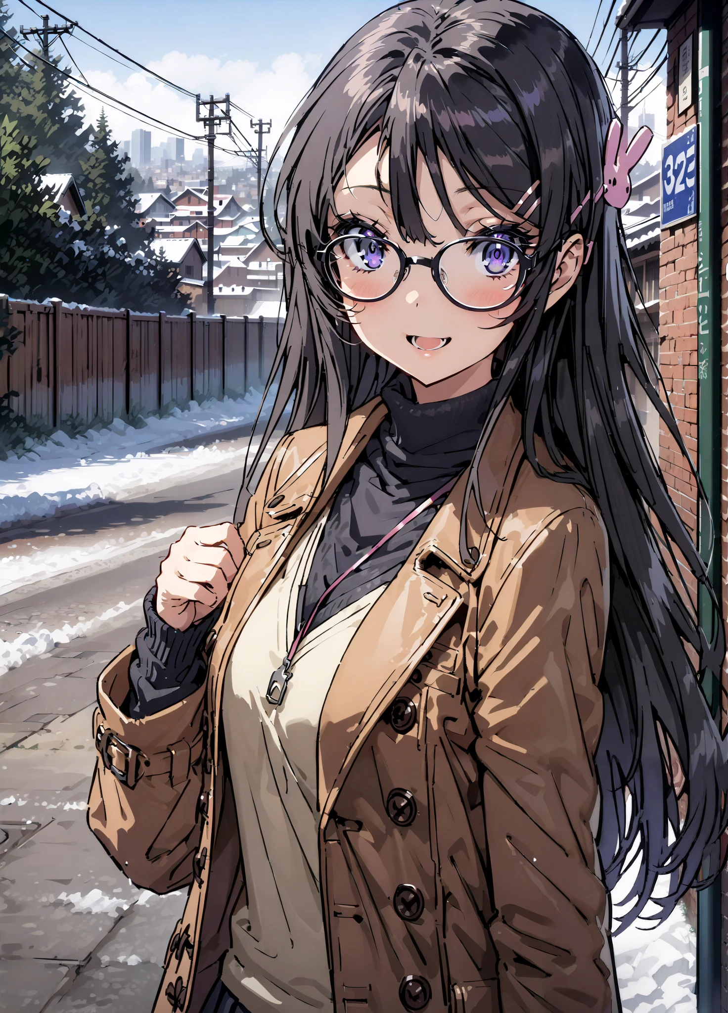 household, Mai Sakurajima , long hair, bungs, black hair,Alone, hair accessories, purple eyes, hair clip for hair, rabbit hair accessories,smile,blush,open your mouth,Glasses, duffle coat,(sweater :1.2),( turtleneck on acher:1.2),long skirt,long skirt,Black Pantyhose,boots,snow,winter,Standing residential area,Beautiful cityscape,,full bodyがillustration for both eyesに入るように,
break looking at viewer,full body,
break outdoors, bus stop,
break (masterpiece:1.2), top quality, High Resolution, Unity 8K Wallpaper , (illustration for both eyes:0.8), (Beautiful Detailed Eyes:1.6), very detailed face, perfect lighting, highly detailed CG, (perfect hand, perfect anatomy),