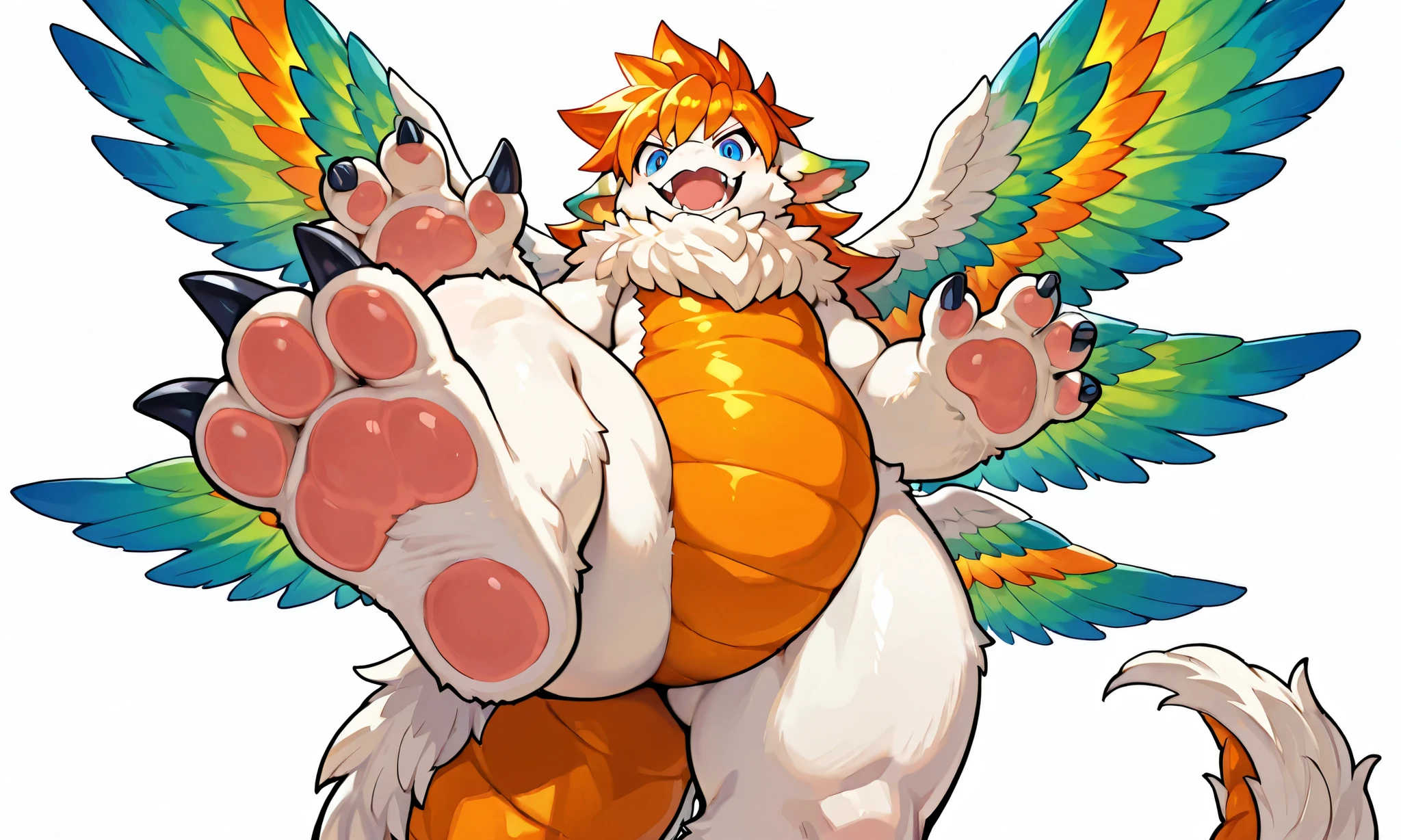 giant feral flammie_mana, solo, furred dragon, neck fur, orange hair, blue eye, orange underbelly, feathered Wings, color tipped wings, four wings, heavy weight giant bulky, thick thighs, thick arms, large feet, large claws, long tail, evil grin, large fangs, open mouth, raise leg , try to stomping, showing sole, looking at viewer, fullbody standing, from below, POV, white background