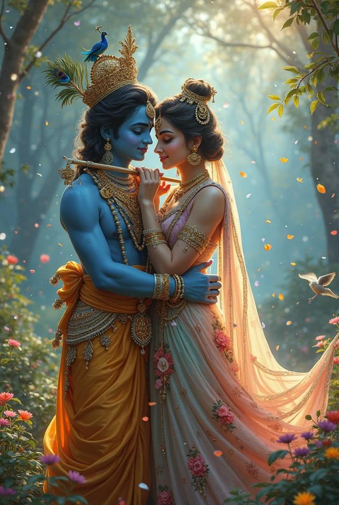 Radhe krishna photo with dancing peacock in picture