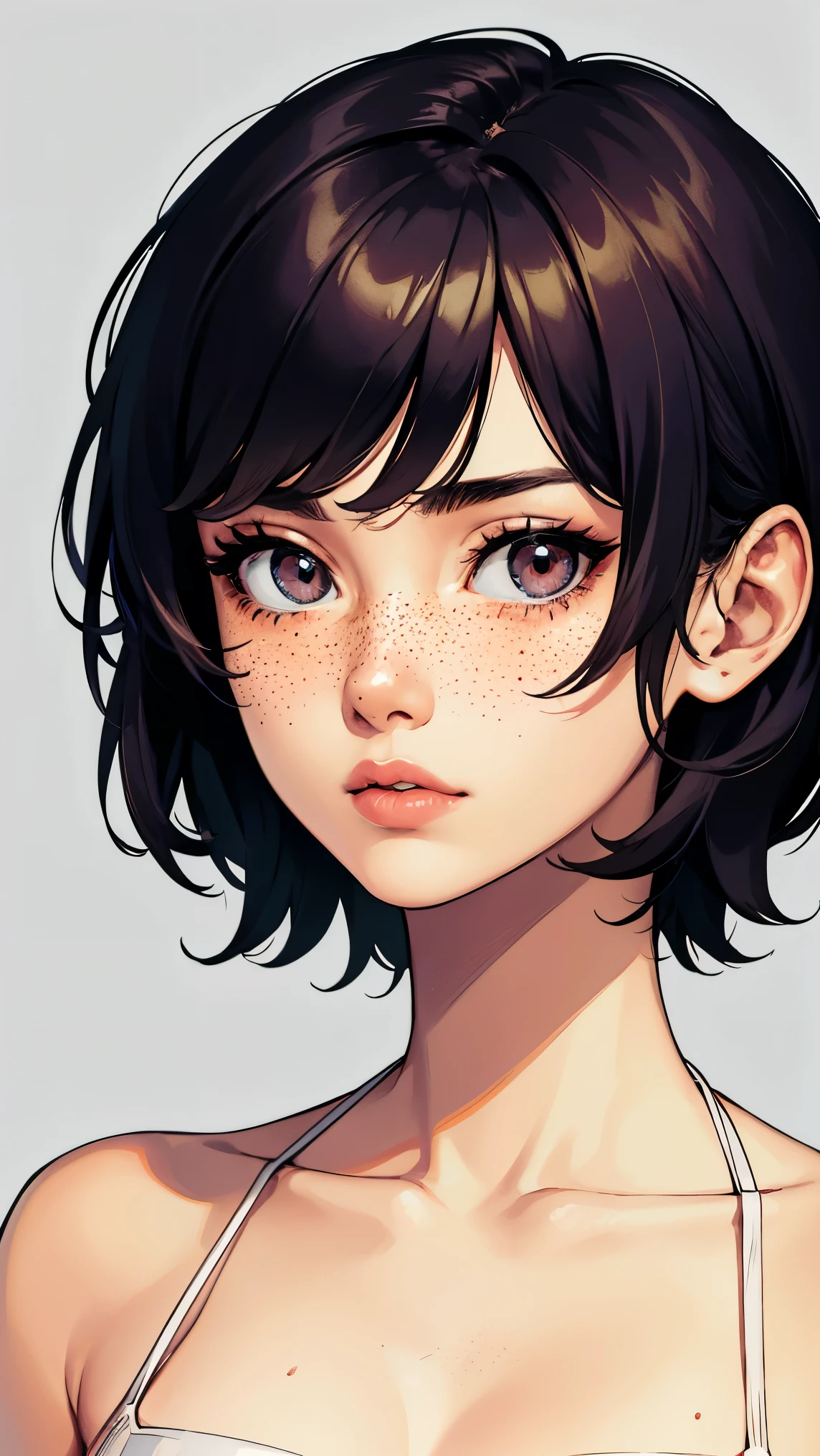 {high definition image}, korean girl, short hair (pixie cut), pointed nose, thin lips, busty, freckles on the face, wearing a mini bikini, looking at the viewer with a neutral expression, {centered image}, {close up on face}, {just face and chest photo}, lineart, background moon