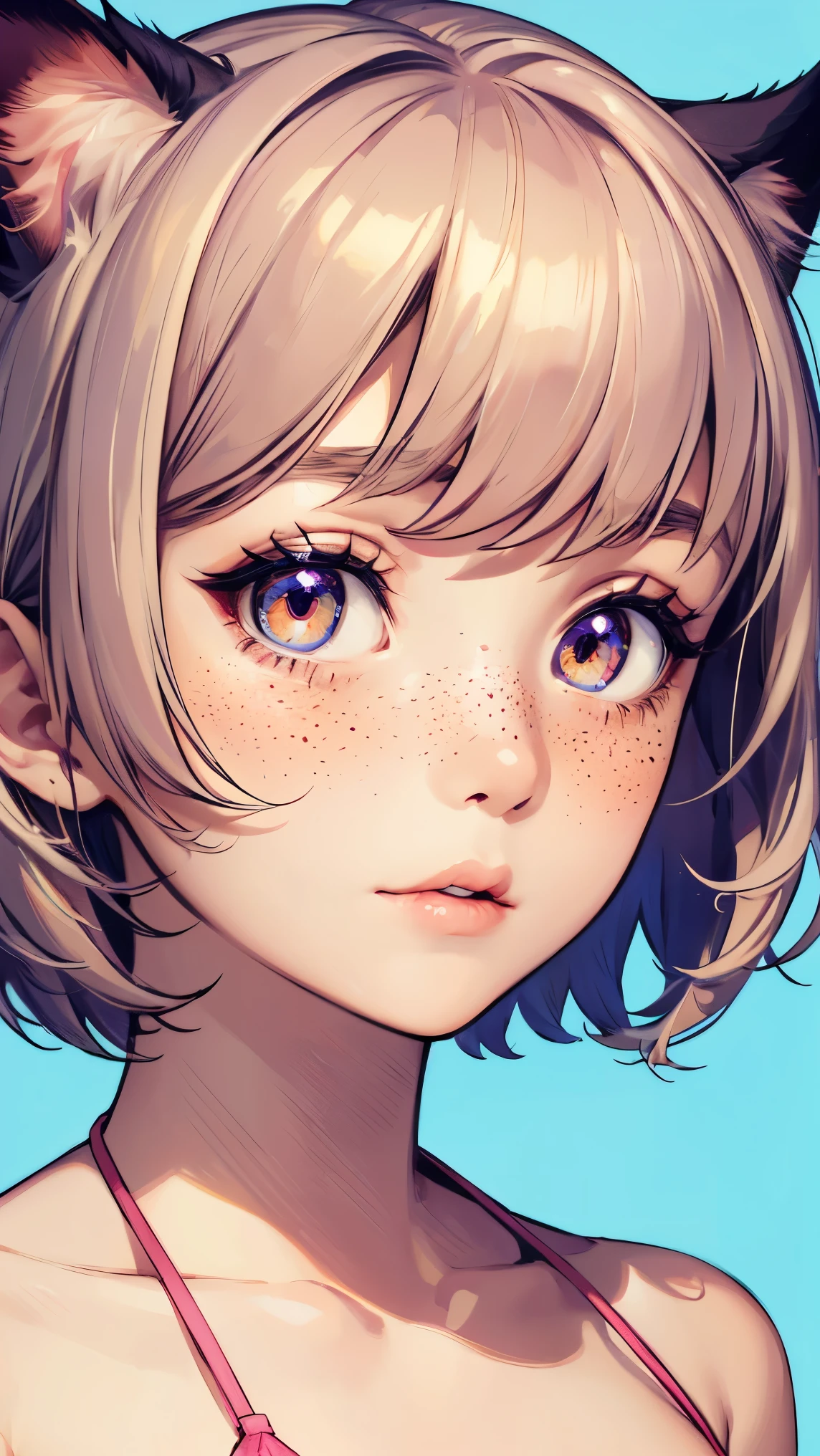 {high definition image}, korean cat girl, cat ears, short hair (pixie cut), pointed nose, thin lips, busty, freckles on the face, wearing a mini bikini, looking at the viewer with a neutral expression, {centered image}, {close up on face}, {just face and chest photo}, lineart, background moon