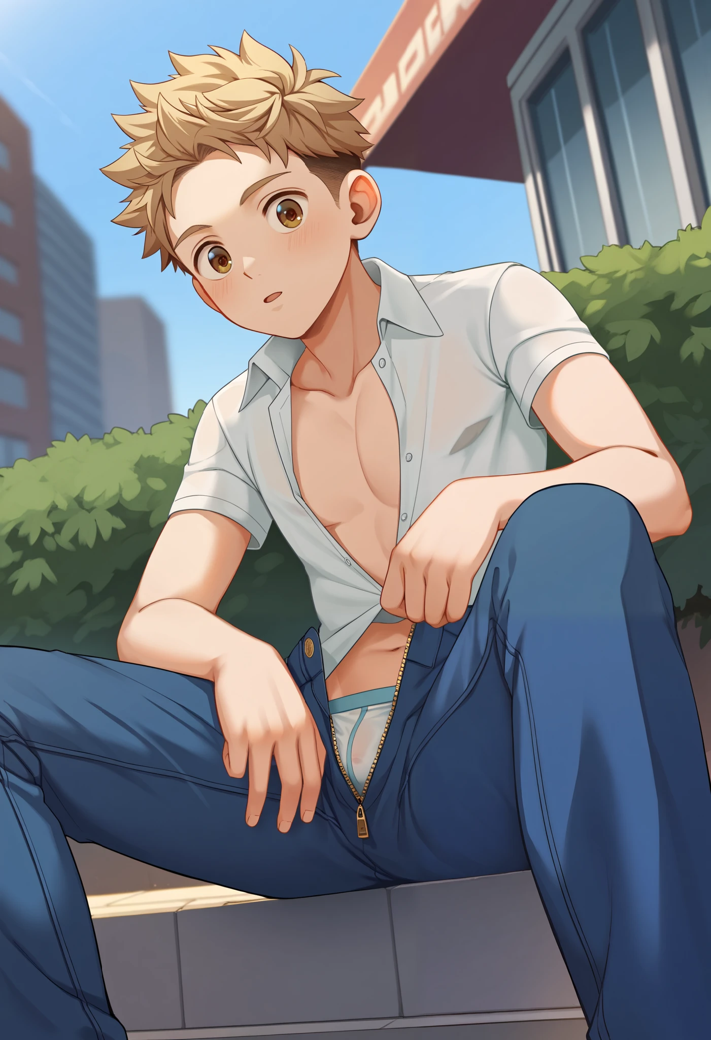 (((one young man, sticking out transparent see through men's underwear with erect penis outlined from unzipped half pants))), men's underwear with small penis, (his erection pressing upward beneath his underwear), wide penis head, his straining bulge pushing against the fabric, (his erection outlined through the tight fabric), ((the tip barely contained within his men's underwear)), round face, ((highest quality, masterpiece:1.3)), perfect style, an average-sized shaft, slightly curved, with a well-defined tip, a realistically proportioned, natural-looking erection, subtly veined and smooth,
unbuttoned summer shirt, eccentric pose, slightly touching penis head,
(closeup his crotch), angle from below, sitting pavement, sidewalk, shops,