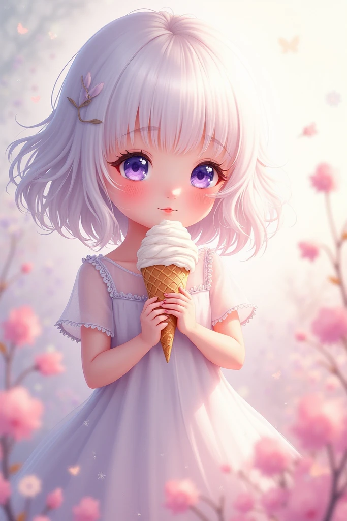 White hair, pink eyes, long, dreamy, ice cream