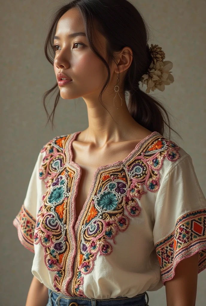 A bohemian-inspired fashion scene featuring a woman wearing a white lace tunic with intricate patterns. with her long brown shininy hair,She stands against a backdrop of rich, deep red and gold tapestry, with an array of colorful and exotic jewelry adorning her neck and wrists, creating a warm and inviting atmosphere.