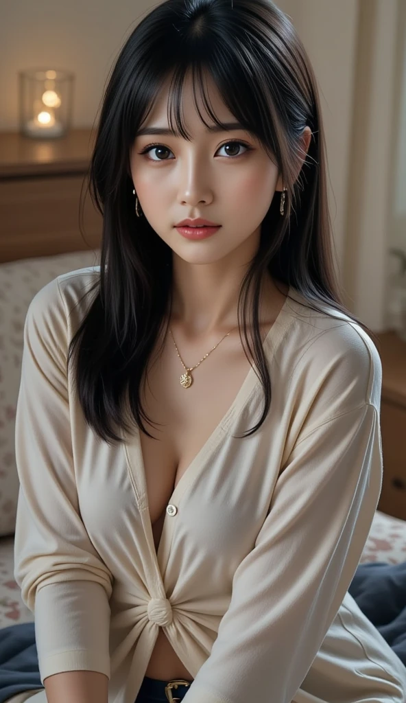 Beautuful Women、dark brown hair、Wearing a pendant、at bedroom、extremely detailed face and skin、A detailed eye、二重まぶた、Japanese beauty、dark brown hair、Wearing a pendant、at bedroom、extremely detailed face and skin、A detailed eye、二重まぶた、japanes