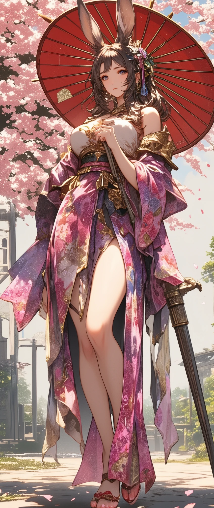 a solo sexy Viera Woman holding a Japanese umbrella , Nishijin Textile Kimono , Japanese painting style, beautiful anime style portrait, Extra , detailed portraits of anime girls , Beautiful Anime Portrait , beautiful anime women , digital Animation illustration, Anime Style Portrait , Additional Art ,realistic, (Beautiful Anime Girl Showing Naked Skin, large breasts, huge breasts, big breasts, uplifted breasts, well-defined breasts, Busty、deep cleavage)、anime style digital art , Animation illustration, , Navy Blue Kimono , Background is Sakura Fubuki