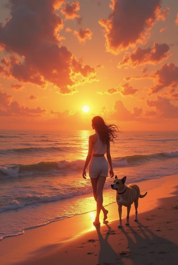 Create a tranquil sunset scene at the beach. In the foreground, a young adult woman is lying on her stomach on the sand, wearing light summer clothing that modestly covers her intimate areas and chest. She has a serene and relaxed expression. Next to her, a medium-sized dog is either lying down or sitting, both facing the ocean. The warm, golden light of the setting sun illuminates the scene, casting long shadows across the sand. The overall atmosphere should convey peace and tranquility, highlighting the connection between the woman, the dog, and the beauty of the moment.