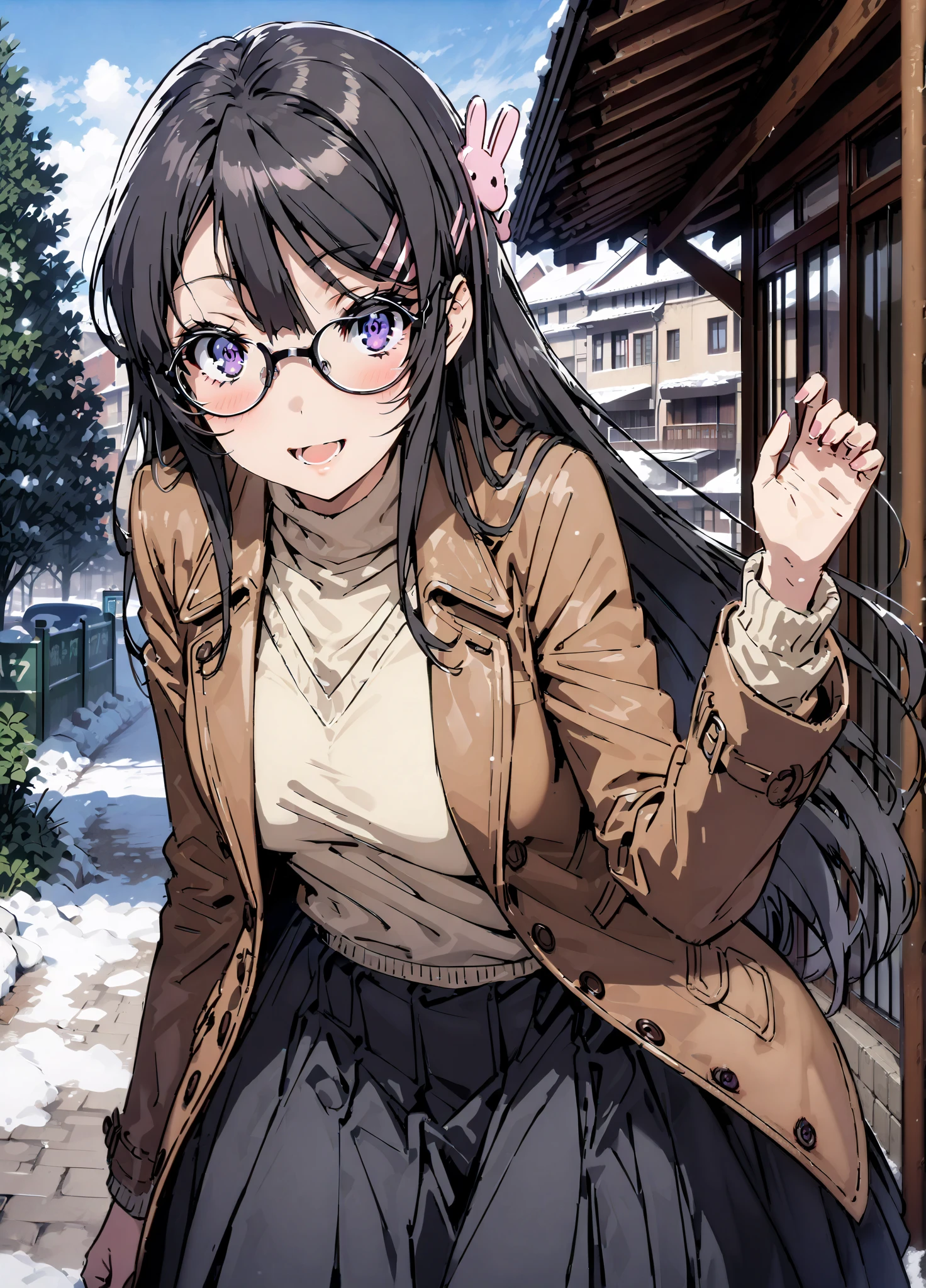 household, Mai Sakurajima , long hair, bungs, black hair,Alone, hair accessories, purple eyes, hair clip for hair, rabbit hair accessories,smile,blush,open your mouth,Glasses, duffle coat,(sweater :1.2),( turtleneck on acher:1.2),long skirt,long skirt,Black Pantyhose,boots,snow,winter,Standing residential area,Beautiful cityscape,,full bodyがillustration for both eyesに入るように,
break looking at viewer,full body,
break outdoors, bus stop,
break (masterpiece:1.2), top quality, High Resolution, Unity 8K Wallpaper , (illustration for both eyes:0.8), (Beautiful Detailed Eyes:1.6), very detailed face, perfect lighting, highly detailed CG, (perfect hand, perfect anatomy),