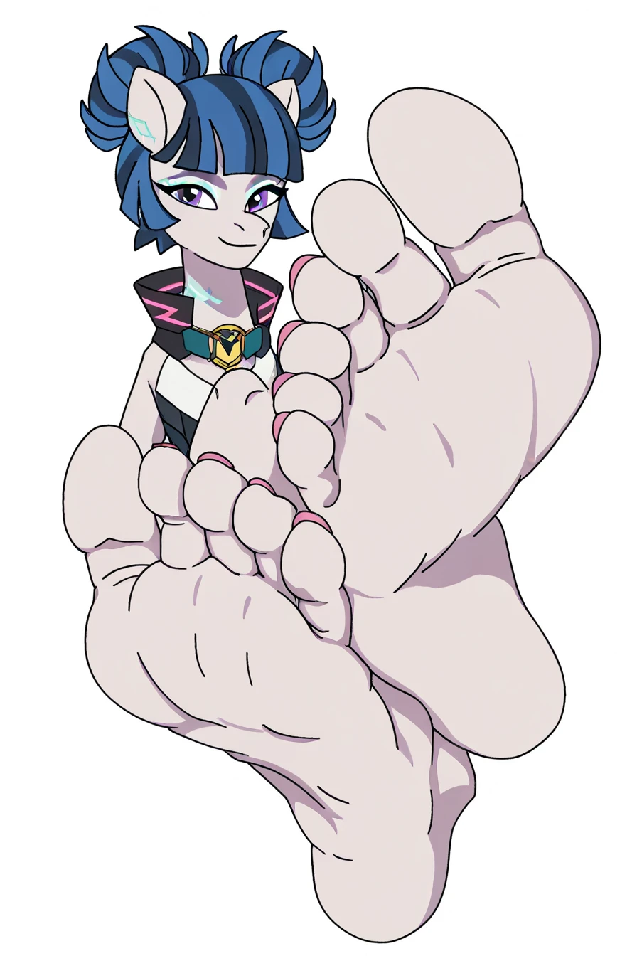 , score_9, score_8_up, score_7_up, score_6_up, score_5_up, score_4_up, rating_safe, earth pony, Mita, light pink body, long blue hair and mane, braided into pigtails, wears a peach sweater, a short lavender pleated skirt, blue shoes, red socks, a red headband, blue eyes, earth pony, blue skirt ((cute, little, fuzzy pony, fur)), (high quality, detailed, beautiful), shiny, adorable face, detailed beautiful eyes, diadema, sunlight, realistic, outstanding, countershading, detailed soft lighting, ear fluff, hoof on face, dantegemini_style, foot focus, barefoot, purple toenails, feet, toes, white background