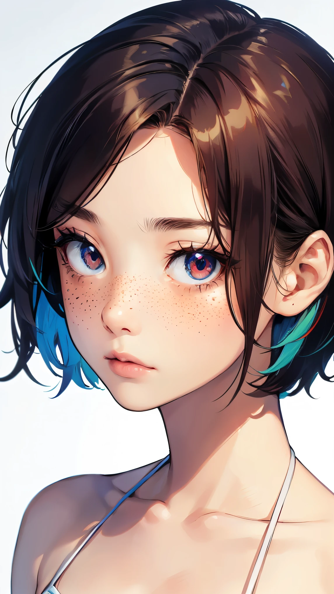 {high definition image}, korean girl, short hair (pixie cut), pointed nose, thin lips, busty, freckles on the face, wearing a mini bikini, looking at the viewer with a neutral expression, {centered image}, {close up on face}, {just face and chest photo}, lineart, no background, colorful background,