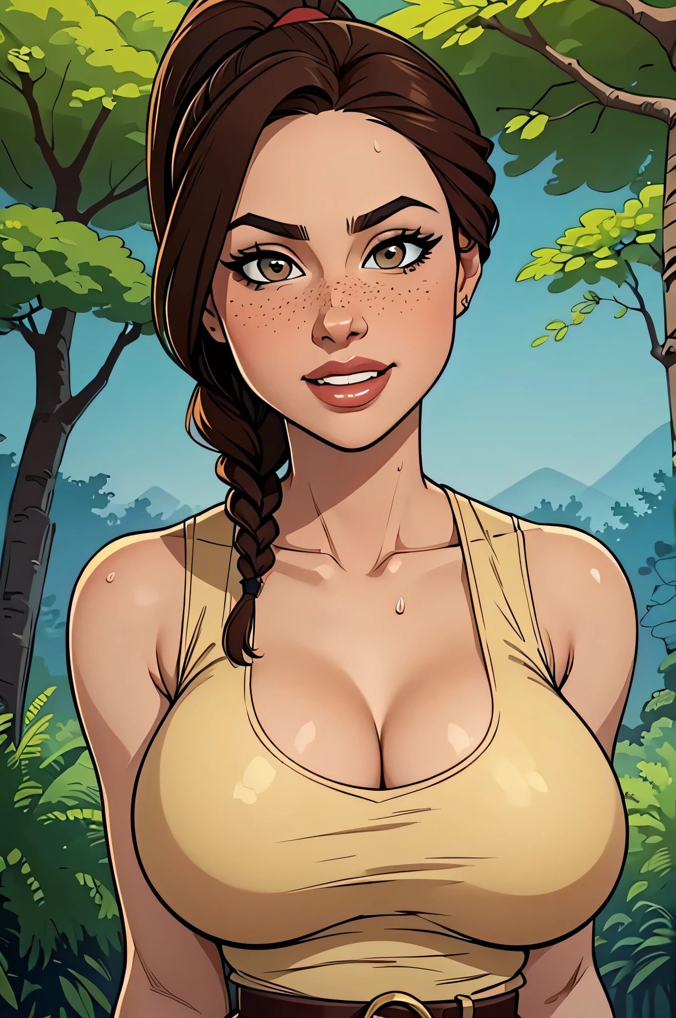( absurd lines, of high quality, Ultra Delicate , hand care) close up of an athletic and slender woman, 30 years, 8k (( high definition)), beautiful smile, Seductive look (( looking at the camera)), brown eyes, wearing an oil blue tank top (( V-neck, sleeveless )), brown belt, arms positioned on the sides of the body, dark skin, long straight brown hair (( with a braided ponytail )), She is strolling through the jungle (( upper body )), with freckles on your chest and neck , (( big round breasts, sweaty )), (( Well defined collarbone)). Estilo Marvel de linhas of high quality, forest in the background.