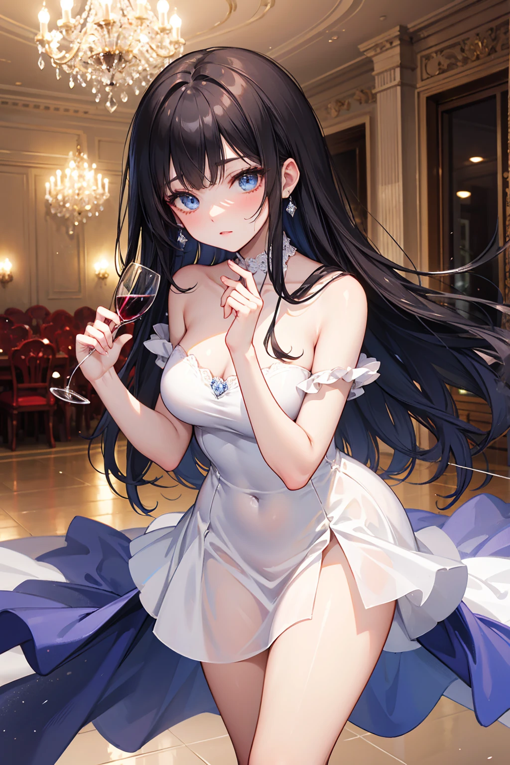 A modern-day illustration of a woman holding a wine glass with her pinky finger raised. The scene includes an elegant dining table set with fine china, silverware, and a beautifully decorated background. The woman is dressed in formal attire and the overall ambiance is sophisticated and classy. The image is in a 9:16 aspect ratio.