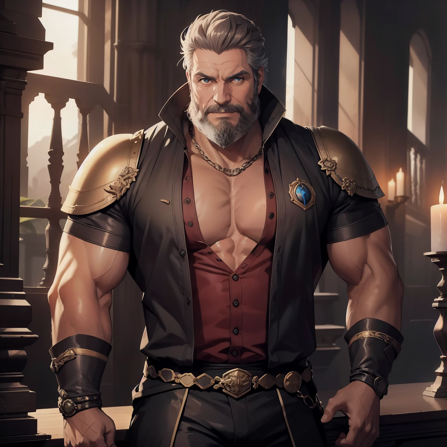 A powerfull old king flexing his biceps at the palace, um rei poderoso, alpha male, bodybuilder, very muscular, 50 years old, very detail face, detail eyes, lorde imponente, wearing a cleavage tank top royal armor and a speedo undewear, very detail clothes, very large pectorals, massive pectorals, muscular chest, suas pernas estão expostas, thick muscular legs, olhando para o espectador, pose imponente, olhos de cor azuis, grey short hair, sexy grey beard, he is training with the sword, ele tem big bulge, he is laughing, Obra-prima maravilhosa altamente detalhada, beautiful cinematic light deep focus, elegante, pintura digital, liso, sharp focus, golden ratio, dramatic lighting, 8k, pixiv, bara