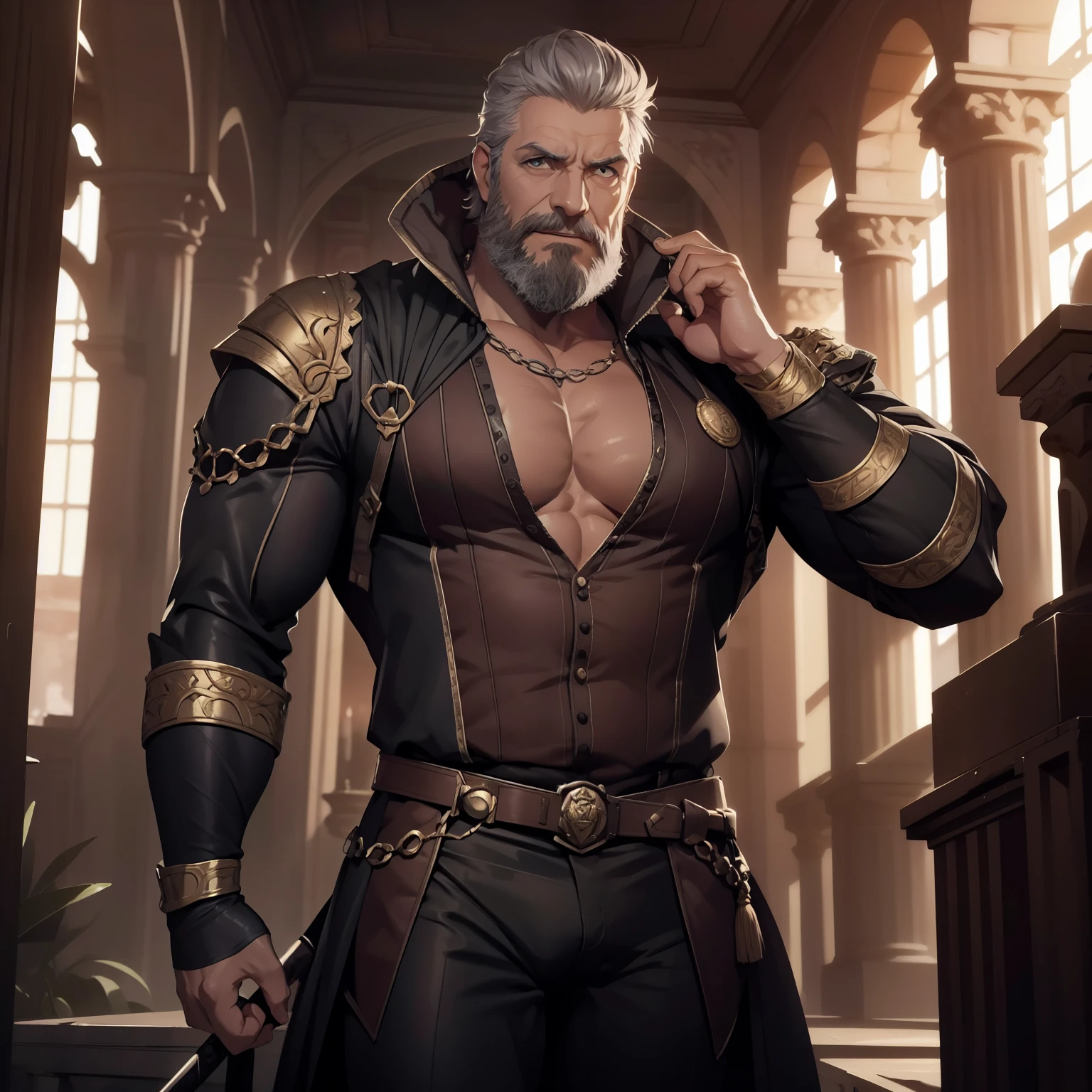 A powerfull old king flexing his biceps at the palace, um rei poderoso, alpha male, bodybuilder, very muscular, 50 years old, very detail face, detail eyes, lorde imponente, wearing a cleavage tank top royal armor and a speedo undewear, very detail clothes, very large pectorals, massive pectorals, muscular chest, suas pernas estão expostas, thick muscular legs, olhando para o espectador, pose imponente, olhos de cor azuis, grey short hair, sexy grey beard, he is training with the sword, ele tem big bulge, he is laughing, Obra-prima maravilhosa altamente detalhada, beautiful cinematic light deep focus, elegante, pintura digital, liso, sharp focus, golden ratio, dramatic lighting, 8k, pixiv, bara