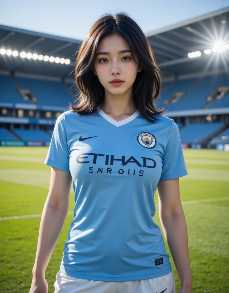 Korean girl in Man City football kit,gaping, sexy youthful, Pose freely, 16K resolution. ultra hd, round face, high nose, small mouth, big eyes, beautiful details, Surrealism, Smile, sleek, Suggestive, slender figure, In the stadium, Detail image, Surreal