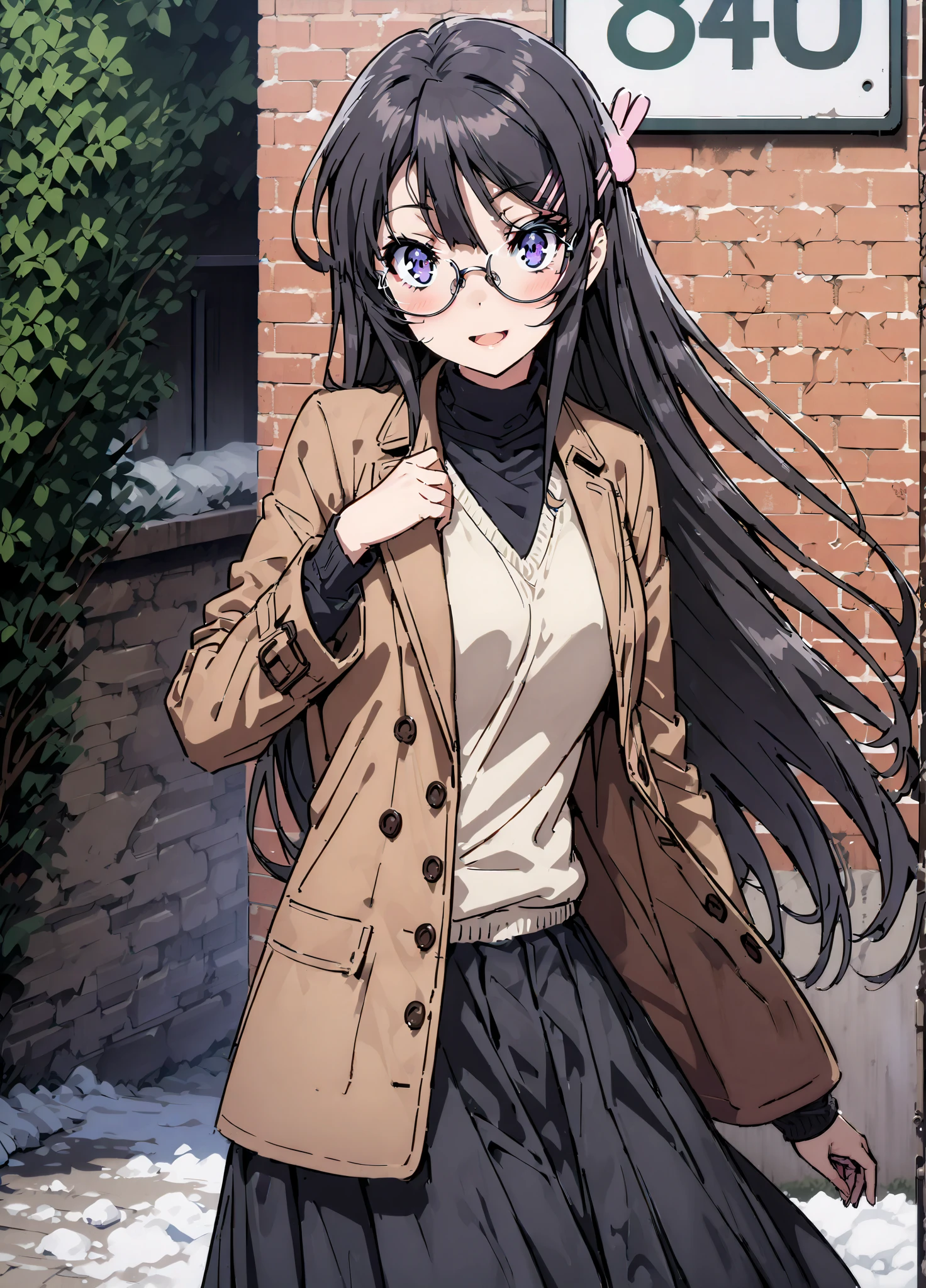 household, Mai Sakurajima , long hair, bungs, black hair,Alone, hair accessories, purple eyes, hair clip for hair, rabbit hair accessories,smile,blush,open your mouth,Glasses, duffle coat,(sweater :1.2),( turtleneck on acher:1.2),long skirt,long skirt,Black Pantyhose,boots,snow,winter,Standing residential area,Beautiful cityscape,,full bodyがillustration for both eyesに入るように,
break looking at viewer,full body,
break outdoors, bus stop,
break (masterpiece:1.2), top quality, High Resolution, Unity 8K Wallpaper , (illustration for both eyes:0.8), (Beautiful Detailed Eyes:1.6), very detailed face, perfect lighting, highly detailed CG, (perfect hand, perfect anatomy),