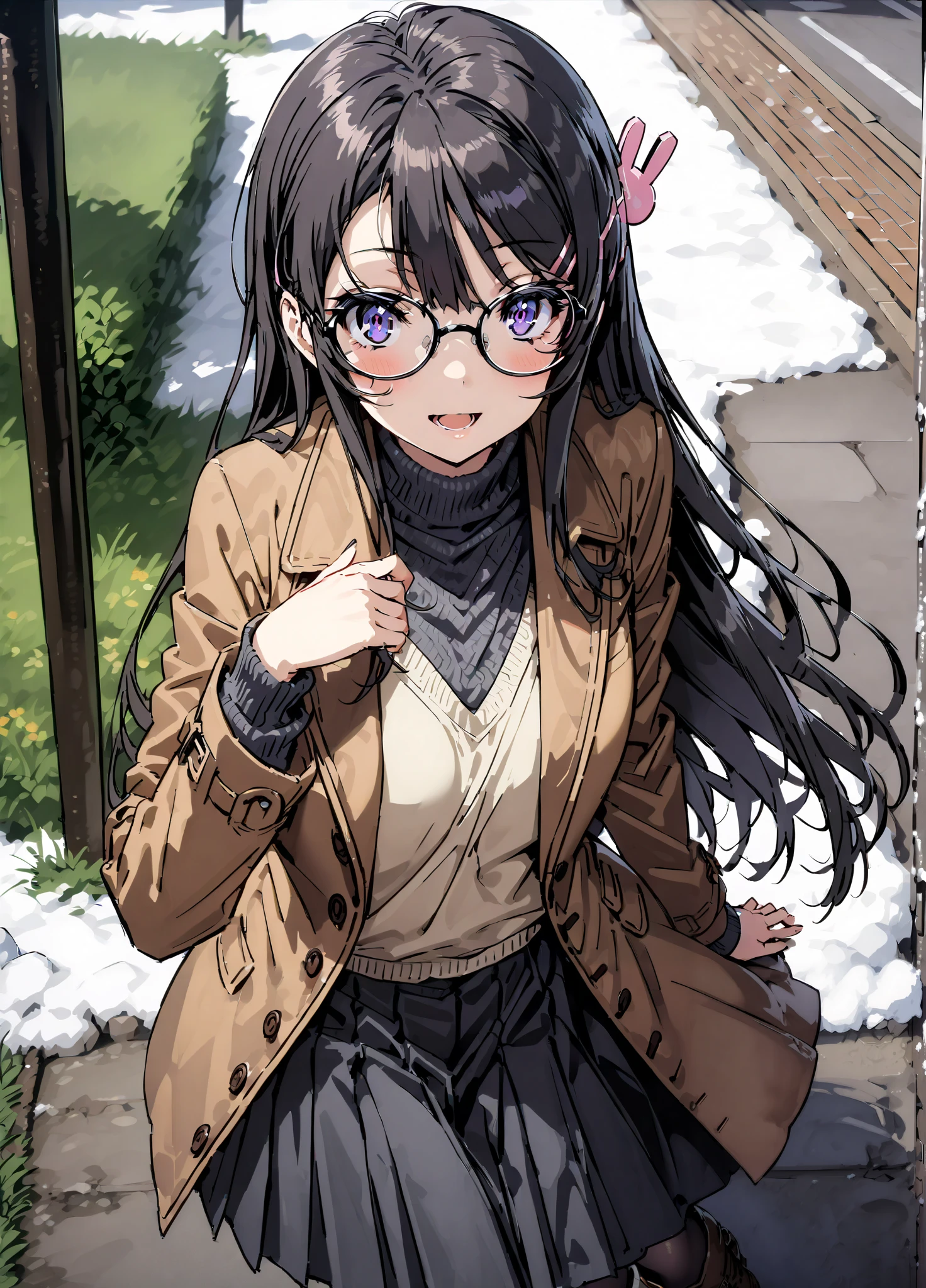 household, Mai Sakurajima , long hair, bungs, black hair,Alone, hair accessories, purple eyes, hair clip for hair, rabbit hair accessories,smile,blush,open your mouth,Glasses, duffle coat,(sweater :1.2),( turtleneck on acher:1.2),long skirt,long skirt,Black Pantyhose,boots,snow,winter,Standing residential area,Beautiful cityscape,,full bodyがillustration for both eyesに入るように,
break looking at viewer,full body,
break outdoors, bus stop,
break (masterpiece:1.2), top quality, High Resolution, Unity 8K Wallpaper , (illustration for both eyes:0.8), (Beautiful Detailed Eyes:1.6), very detailed face, perfect lighting, highly detailed CG, (perfect hand, perfect anatomy),