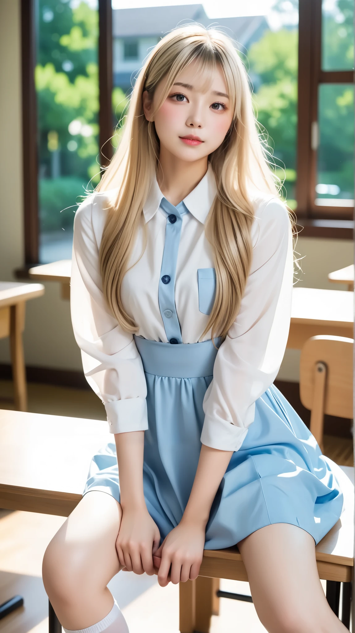 A beautiful 18 year old young Japanese girl ((pale skin, Tall、thin, Long straight blonde hair))
wear: Opened her full length button down dress, Linen dress, Pressing the buttons of her dress, WHITE THIGH HIGH SOCKS
very small breasts, Highly detailed face and body, photorealistic, high quality, 4K, design image sung by an extremely long haired, natural skin texture, Cleaning the house , Warm Afternoon Light , blurry background, Brilliant Color, Realistic Lights and Shadows , loose white shirt, down blouse that shifts the chest, Chest, long hair, Realistic imperfect skin, Blushing Sunday Clear Morning, And the sunlight shining in through the window is streaming in behind her,she is staring deeply at the viewer with an innocent and seductive expression, Photo taken in clothes that exposed most of her legs, Also、Revealing most of her breasts, with a Chest highlighting the small but attractive breasts, whose overall outfit further enhances her appeal, Very pretty face and skin, down blouse that shifts the chest, She looks like an innocent young schoolteacher in front of a classroom,