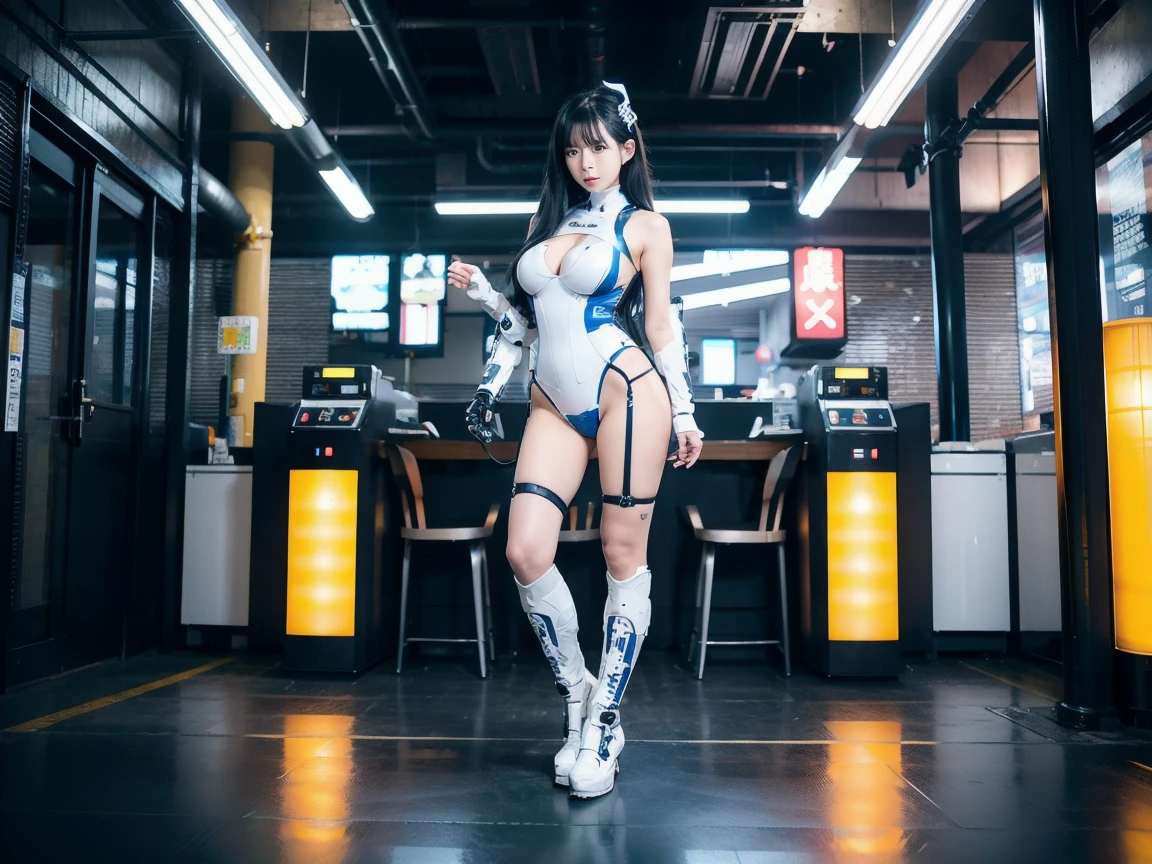 Wears complex bioluminescent mechanical cyborg armor made of 1mechanical_girl (old plastic in white beige), ((Ultra-realistic details)), detailed_face, global_illumination, shadow, octane_render, 8k, ultra_sharp, metal, ornaments_ detailed、cold_colors、egypician_detail、highly_intricate_details、realistic_light、trending_on_cgsociety、glowing_eyes、facing_camera、neon_details、machanical_limbs、blood_ vessels_connected_to_tubes ((lot_wires_and_cables_connecting_to_head_and_body)), killing_machine, extremely_sexy, lust,, cyberpunk woman,, beautiful woman with pink medium callus, looking at camera, dirty clothes, Full body tattoo, hand in crotch