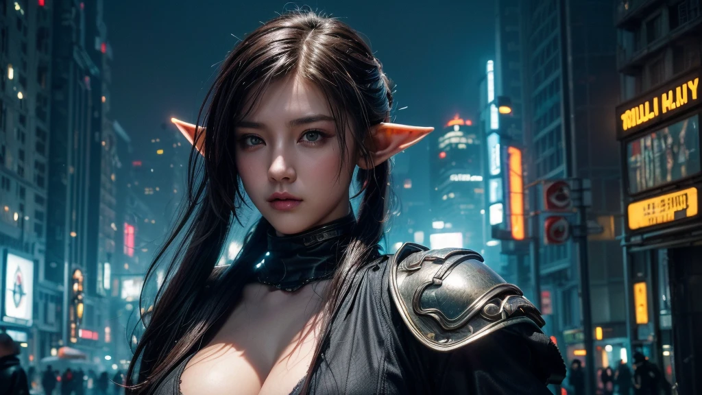 masterpiece,best quality,high resolution,8k,(portrait photo:1.5),(R Original Photo),real picture,digital photography,(Combination of cyberpunk and fantasy style),(female soldier),20 year old female elf,Random hairstyle,white hair,purple eyes,through bangs,(red eye breasts, Accessories,Keep your mouth shut,Elegant and charming,Serious and arrogant,Calm and handsome,(Cyberpunk combined with fantasy style clothing,hollow-carved design,big breasts,joint armor,photo poses,Realistic style,gray world background,oc render reflection texture,sentry,futuristic city,Medium distance photography