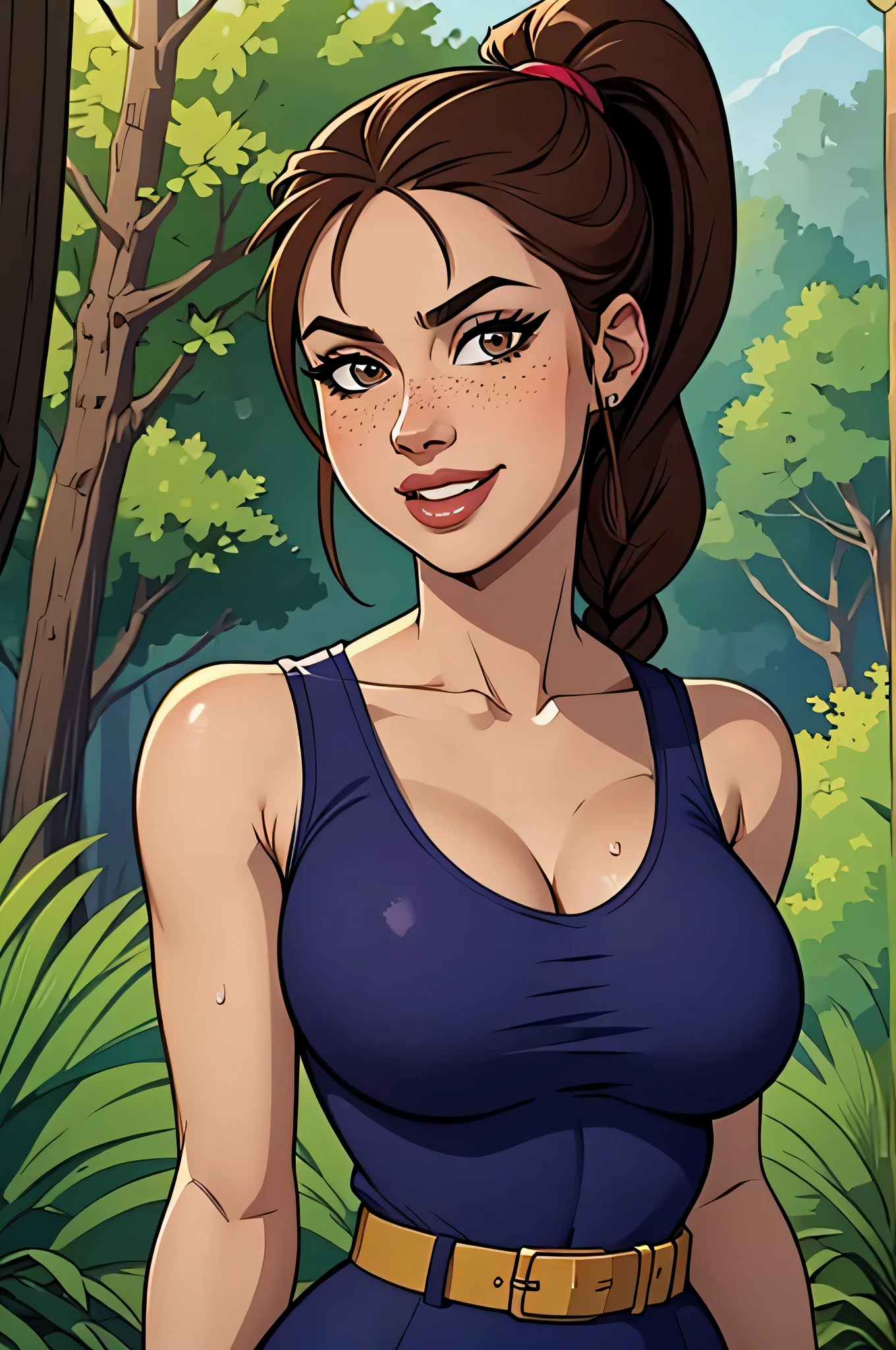 ( absurd lines, of high quality, Ultra Delicate , hand care) close up of an athletic and slender woman, 30 years, 8k (( high definition)), beautiful smile, Seductive look (( looking at the camera)), brown eyes, wearing an oil blue tank top (( V-neck, sleeveless )), brown belt, arms positioned on the sides of the body, dark skin, long straight brown hair (( with a braided ponytail )), She is strolling through the jungle (( upper body )), with freckles on your chest and neck , (( big round breasts, sweaty )), (( Well defined collarbone)). Estilo Marvel de linhas of high quality, forest in the background.