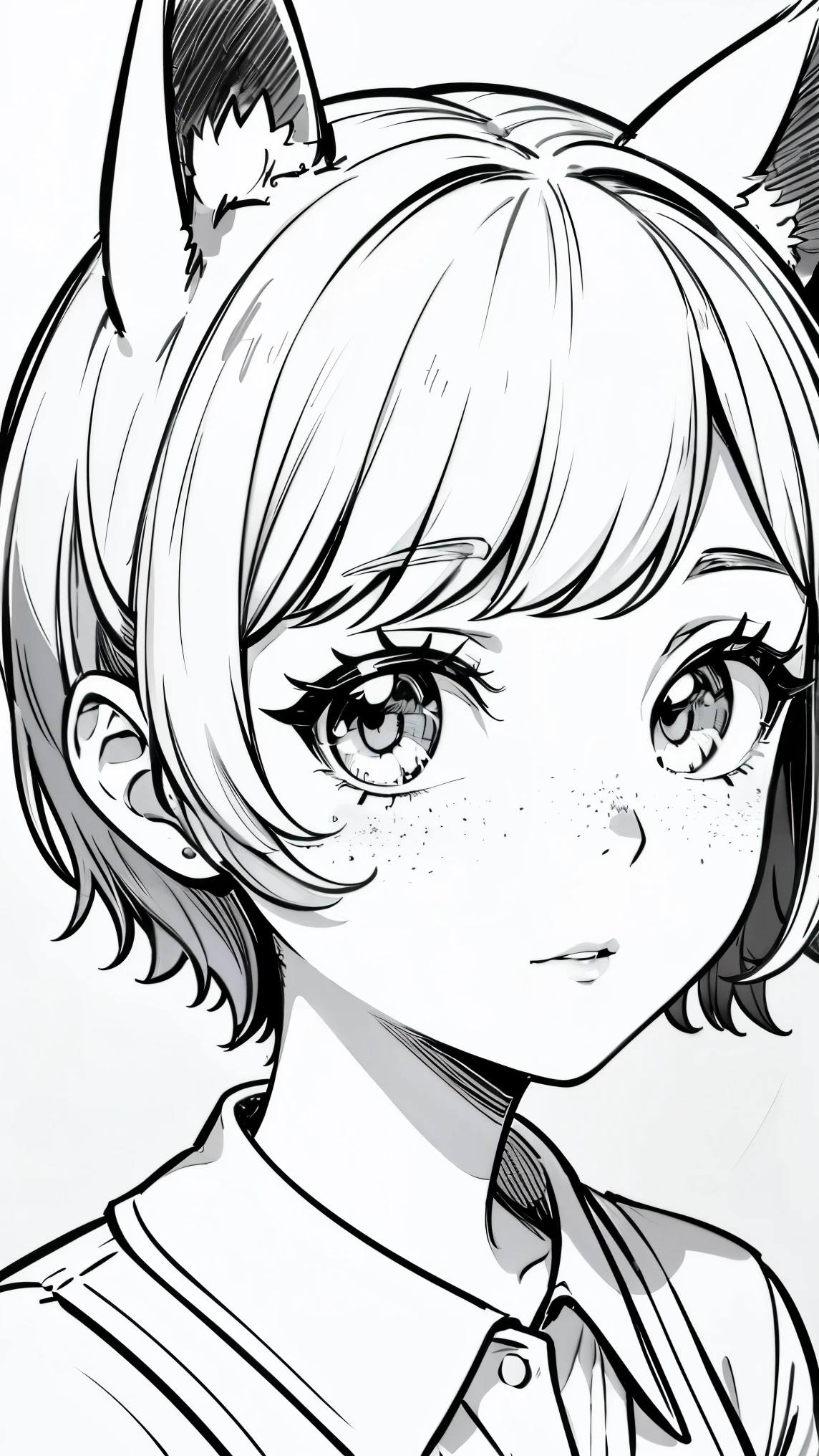 {high definition image}, korean cat girl, cat ears, short hair (pixie cut), pointed nose, thin lips, busty, freckles on the face, wearing a mini bikini, looking at the viewer with a neutral expression, {centered image}, {close up on face}, {just face and chest photo}, lineart, no background, colorful background,
