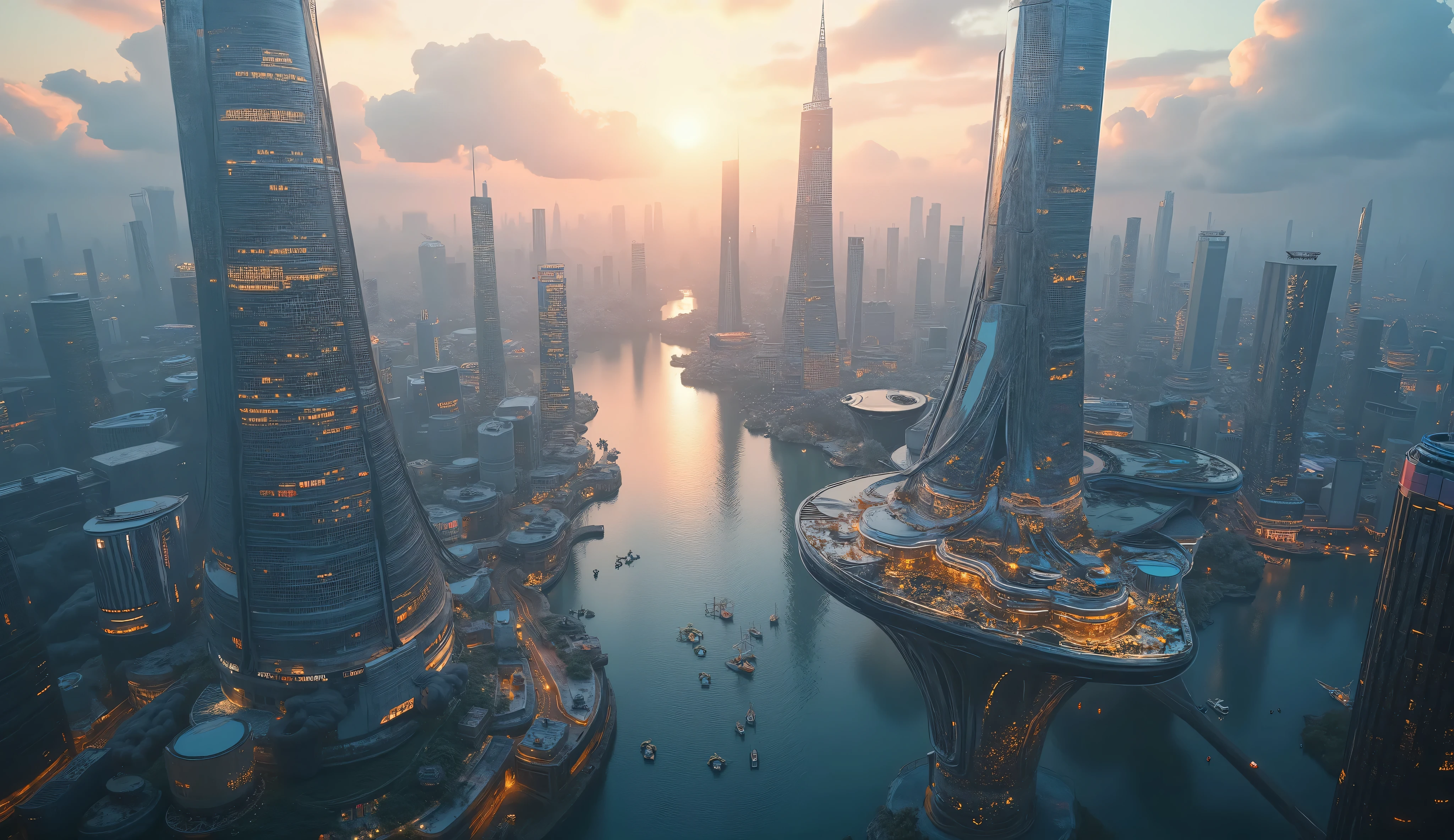 Surreal digital painting with a futuristic floating city at sunset, isometric image of a futuristic floating nave with semicircular glass arches, the horizon is visible through the arches, sky and clouds converge on the horizon, beautiful cosmic sky, light limestone combined with glass and metal, arches, passages, ports and elevators, levels up and down, sunny panels, wind turbines, comets and flying machines cruise across the sky, light trails in the sky, neon trails, holographic banners, high-tech elements, floating air clouds, outlined by light from huge screens and holograms, the illusion of movement, utopian atmosphere, science fiction architecture, dramatic perspective, complex colors, aerial perspective, tonal perspective, ethereal lighting, high-tech elements, transcendent art, aesthetics of steam waves, detailed textures, high detail components, 16K, digital art