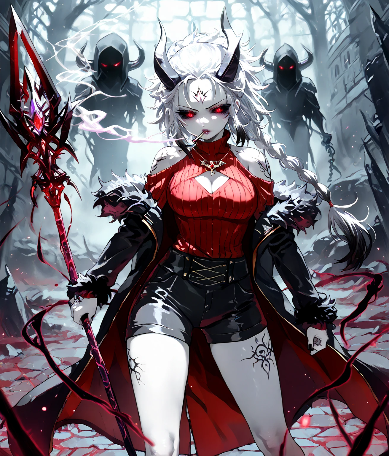 a beatiful young adult girl with curly wavy hair and red eyes, with a poker face, with the devil's horn, compeletly white skin with a big black wing and a black tail, this charachter is non human and should be like hazbian hotel series and helluva boss art style, no relastic, art only looks like theese two series: "hazbian hotel" and "helluva boss". #hazbian_hotel #helluva_boss
