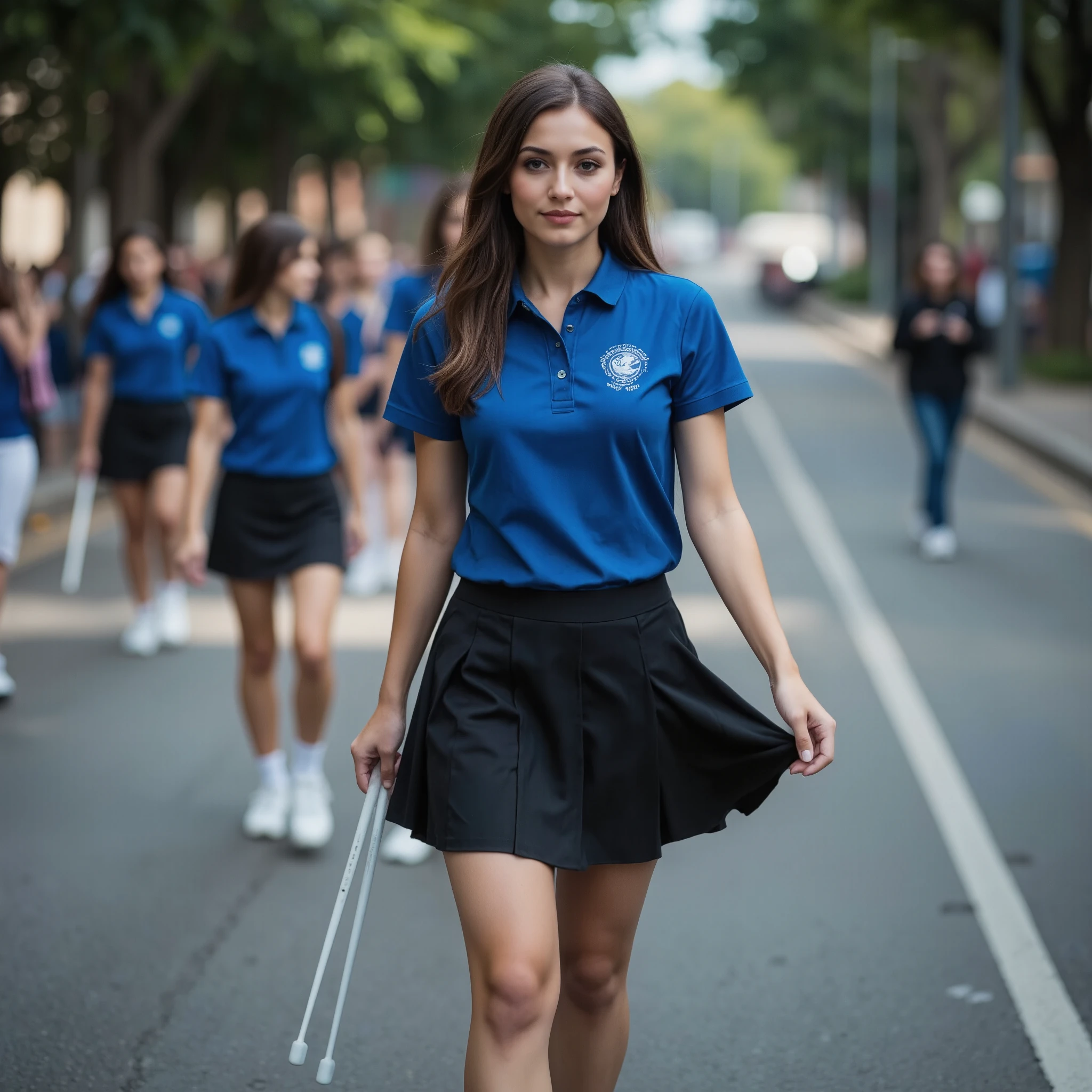 "Professional photographic shot of a young woman with long, straight, light brown hair flowing naturally, her soft, delicate facial features highlighted by subtle makeup, especially her well-defined eyes. She wears a royal blue polo shirt with an emblem on the chest, paired with a short, flared black skirt, white sneakers, and discreet socks. She holds a pair of white drumsticks with rounded tips, gracefully posed in mid-step, one hand lightly lifting the edge of her skirt while the other firmly grips the drumsticks. Her expression is calm and focused, gazing into the distance. The setting is an outdoor parade on a sunlit, paved street surrounded by trees and soft greenery, with other young women in matching uniforms slightly blurred in the background, suggesting movement and unity. The sunlight casts warm highlights on her hair and skin, with soft shadows adding depth. The color palette features vibrant blues contrasting with the muted greens and neutral tones of the street. The image captures a sense of elegance and confidence, with a slight depth of field effect, sharp focus on the main subject, and a bokeh blur in the background."