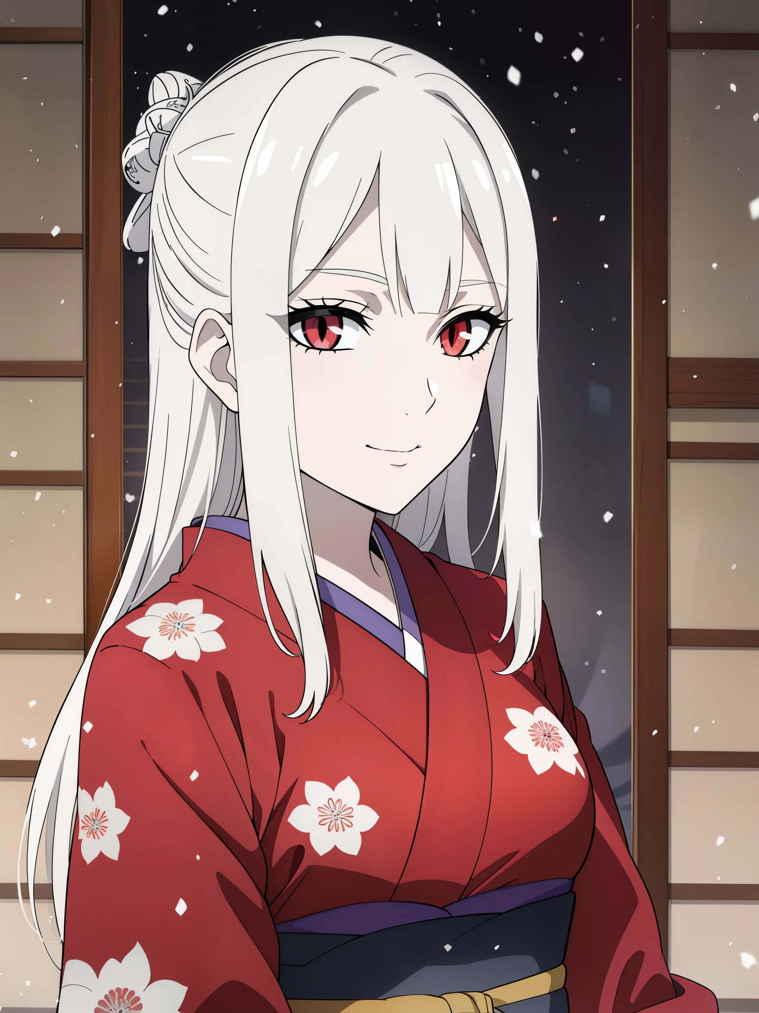 (high-quality, breathtaking),(expressive eyes, perfect face) 1girl, female, solo, white hair, red eyes, pale white skin, albino, positive expresion, portrait, symmetrical eyes, neutral, snake eyes, scales, kimono, mature, adult, half open eyes, elegent, long hair length, medium breasts, snow, falling snow, charming smile, scales on cheeks, patterned kimono, upperbody, enchanting, alluring, seductive, hands down, left bands