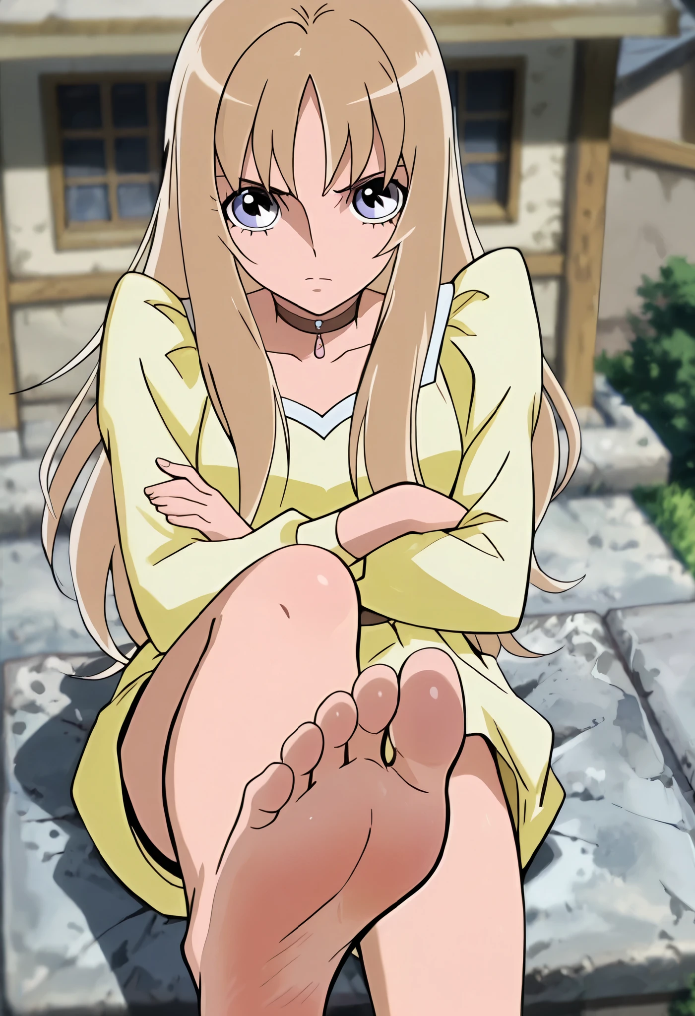 score_9, score_8_up, score_7_up, source_anime, detailed, absurdres, highres, masterpiece, best quality, amazing quality, official anime artwork, screencap, anime screencap, Aquila Yuna, 1girl, solo, long hair, blonde hair, brown hair, anime coloring, Normal Outfit, Yellow outfit, choker, crossed arms, bangs, serious, from above, yellow outfit, house, looking at viewer, sitting, legs down, barefoot, feet, toes, intricate details, perfectly drawn foot, each foot has five toes, soles up, foot focus, soles, foot wrinkles, showing her soles to the viewer,
