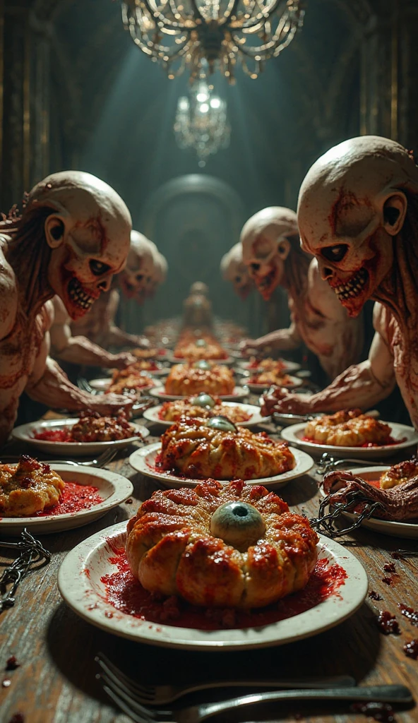restaurant、cooking、The ingredients are human、人間cooking、Eating humans、人間cookingがテーブルに並んでいる、A severed head is on display、Eating brains、grotesque、A disgusting sight、Crazy person々、Blood、Viscera、Bone、
