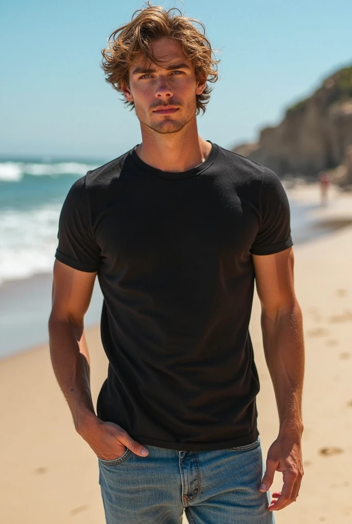 ((best quality)), ((masterpiece)), ((high res)), ((perfect photograph)), ((realistic)), (perfect face), handsome man, wearing a straight black shirt, in the sun, light shining on shirt, no wrinkles on shirt, standing on the beach facing the camera, man bun hair, blonde hair, scruffy dark facial hair, skinny, tall, wearing shorts, happy, sunny day