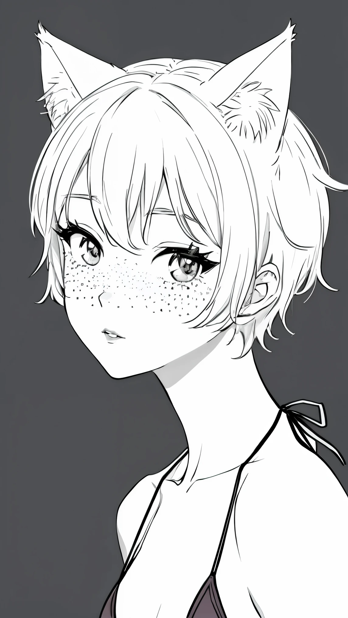 {high definition image}, korean cat girl, cat ears, short hair (pixie cut), pointed nose, thin lips, busty, freckles on the face, wearing a mini bikini, looking at the viewer with a neutral expression, {centered image}, {close up on face}, {just face and chest photo}, lineart, no background, colorful background,