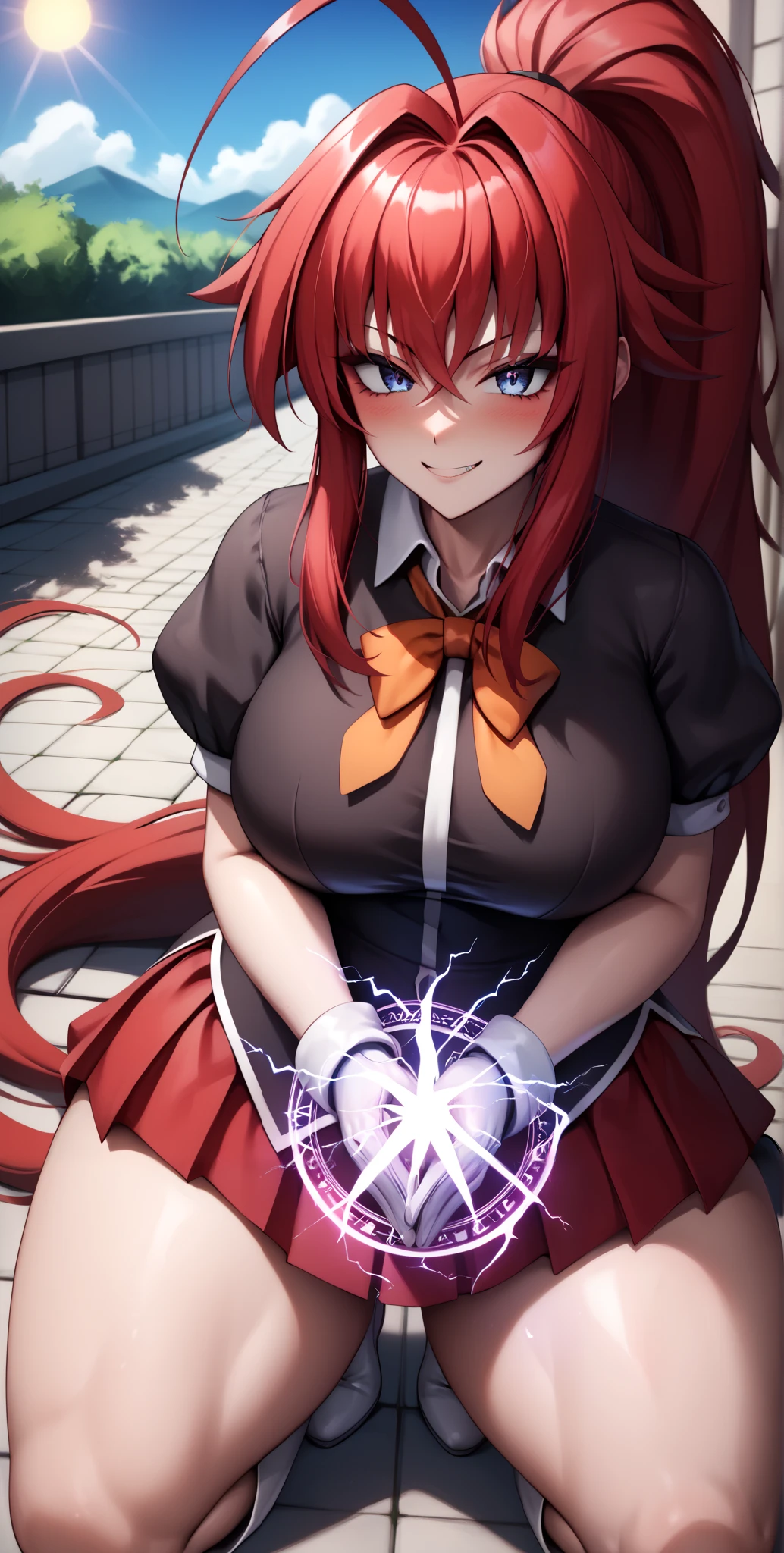 big breasts, wide hips, thick thighs, high thighs, blush, curves, kinky face, big thighs,,,,,,,(masterpiece), super detailed, highly detailed, 4k, great masterpiece, detailed, high quality, absurd, pale skin, blush, kinky face, big thighs, outdoors, sky, clouds, sun, looking at viewer, arrogant smile, absurd, energy, aura, electricity,,,,, electricity,,,,,, score, score_9, score_8_up, score_7_up, score_6_up, (only), (1 girl), Rias Gremory, blue eyes, huge ahoge, very long hair, red hair, hair between eyes, big chest, naked "Akeno Himejima, black hair, long hair, violet eyes, hair in a ponytail, orange bow on her head, ahoge, wide hips, thick thighs, blush, big thighs", red skirt,,,,,, purple magic circle, absurd, energy, aura electricity purple, arrogant smile, kefla, red shirt, black robe, white boots, white gloves, from above, kneeling