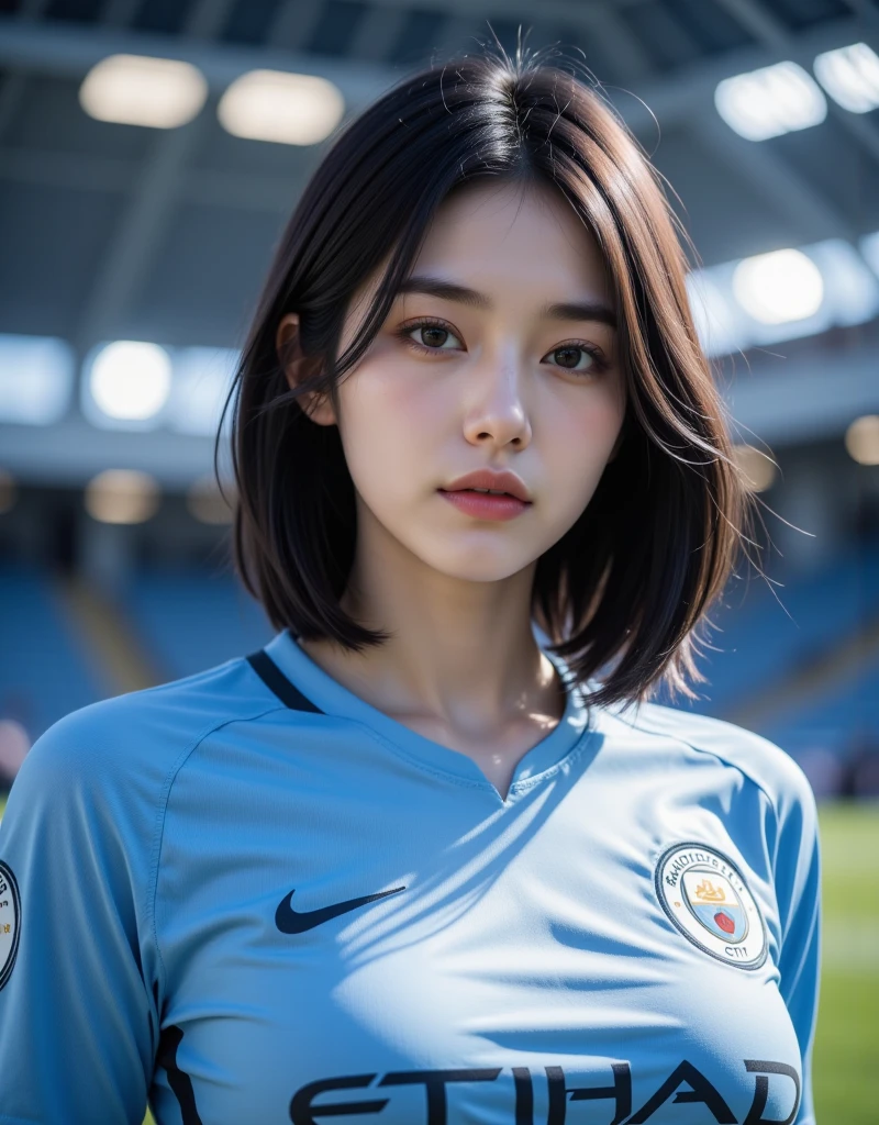 Korean girl in Man City football kit,gaping, sexy youthful, Pose freely, 16K resolution. ultra hd, round face, high nose, small mouth, big eyes,  beautiful details, Surrealism, Smile, sleek, Suggestive, slender figure, In the stadium, Detail image, Surreal