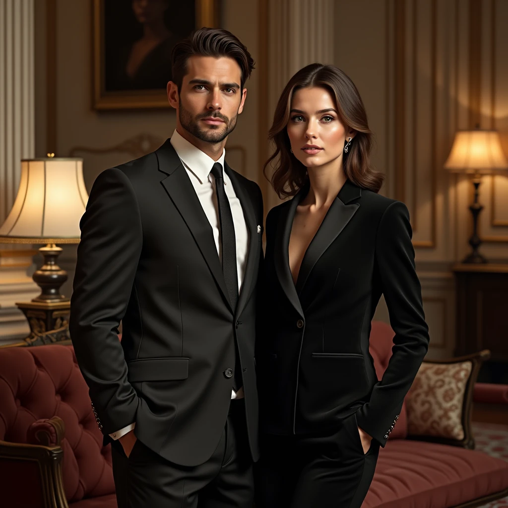 A handsome man with deep blue eyes on black suit sitting on a royal chair and a thick woman with warm hazel eyes standing by his side.